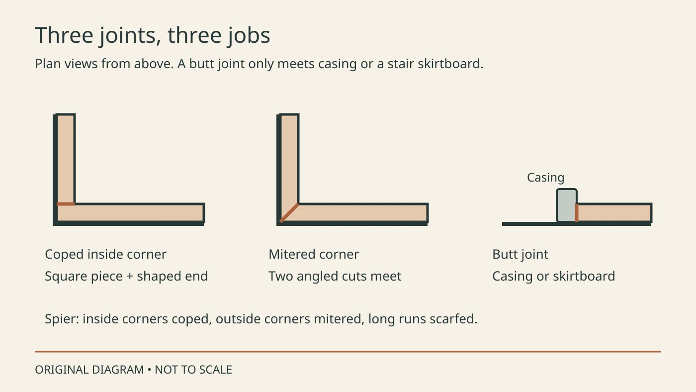Plan views of a coped corner, a mitered corner and a butt joint at a casing