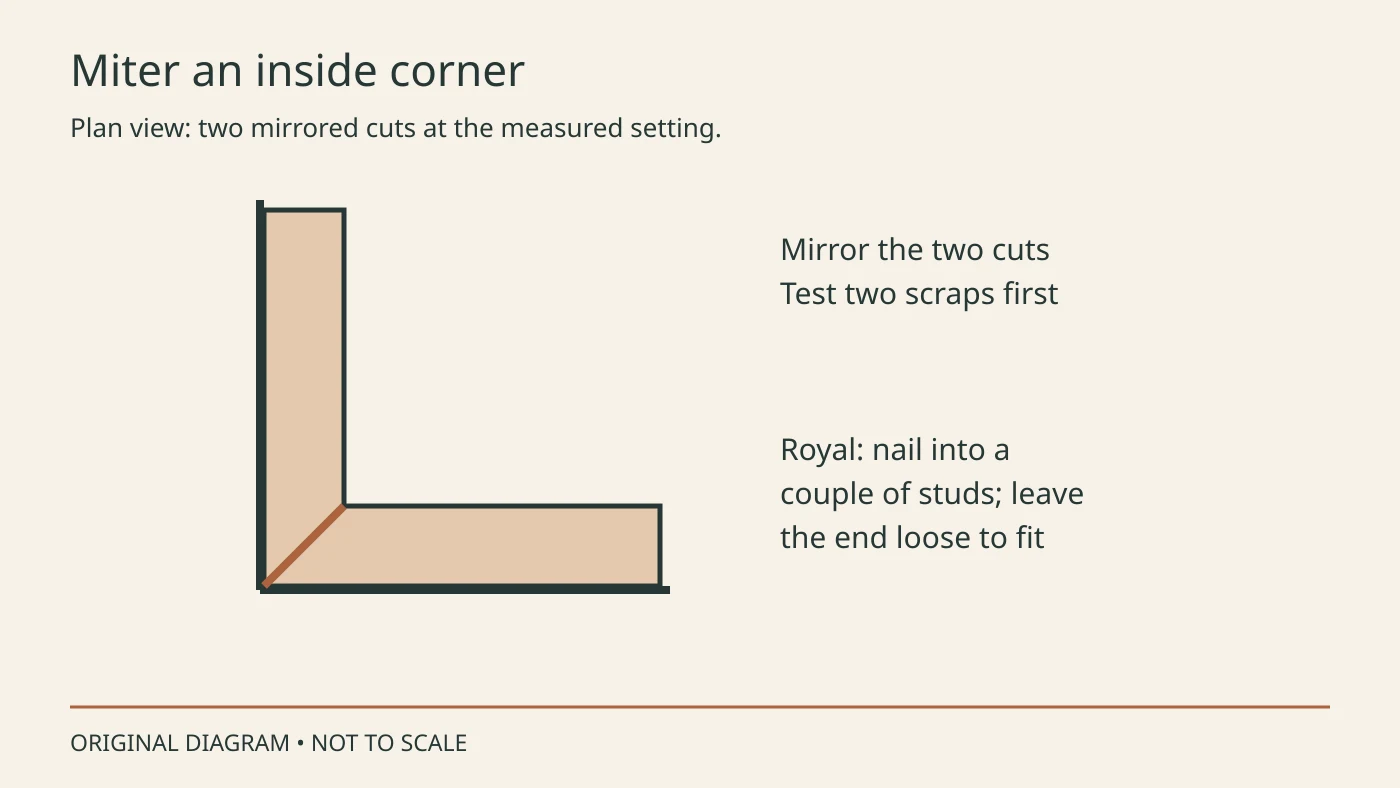 Plan view of two mirrored miter cuts meeting in an inside corner