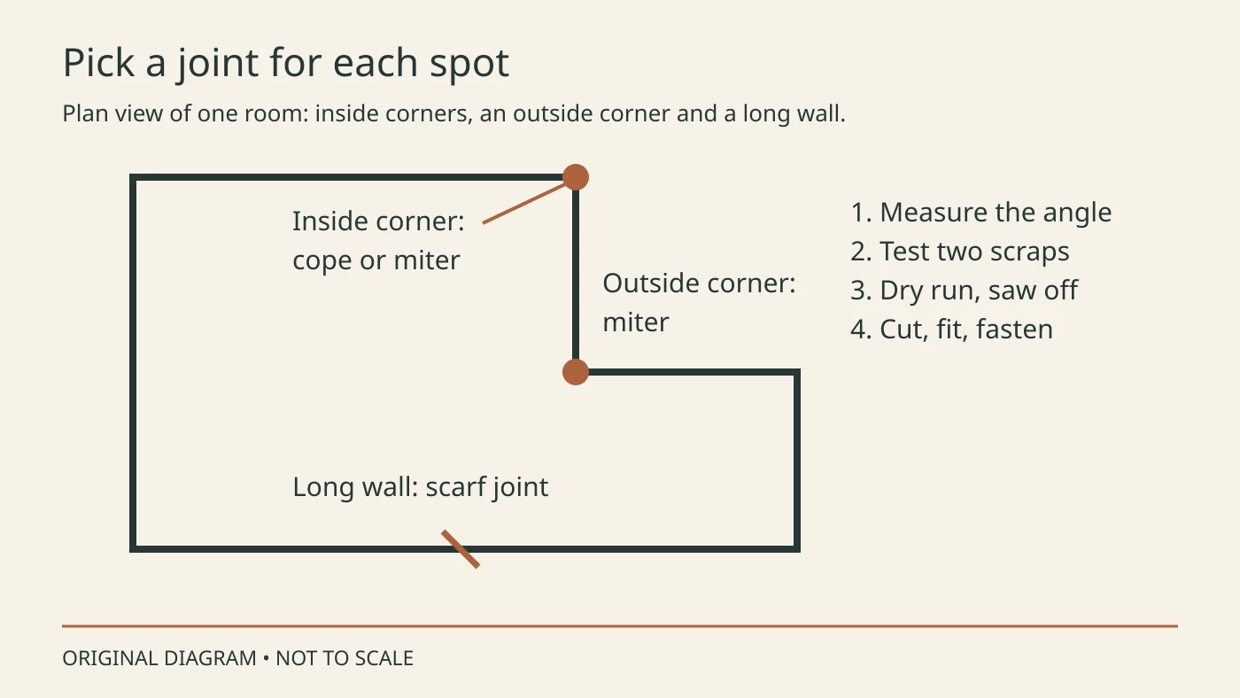 Room plan marking inside corners, an outside corner and a long-wall scarf joint