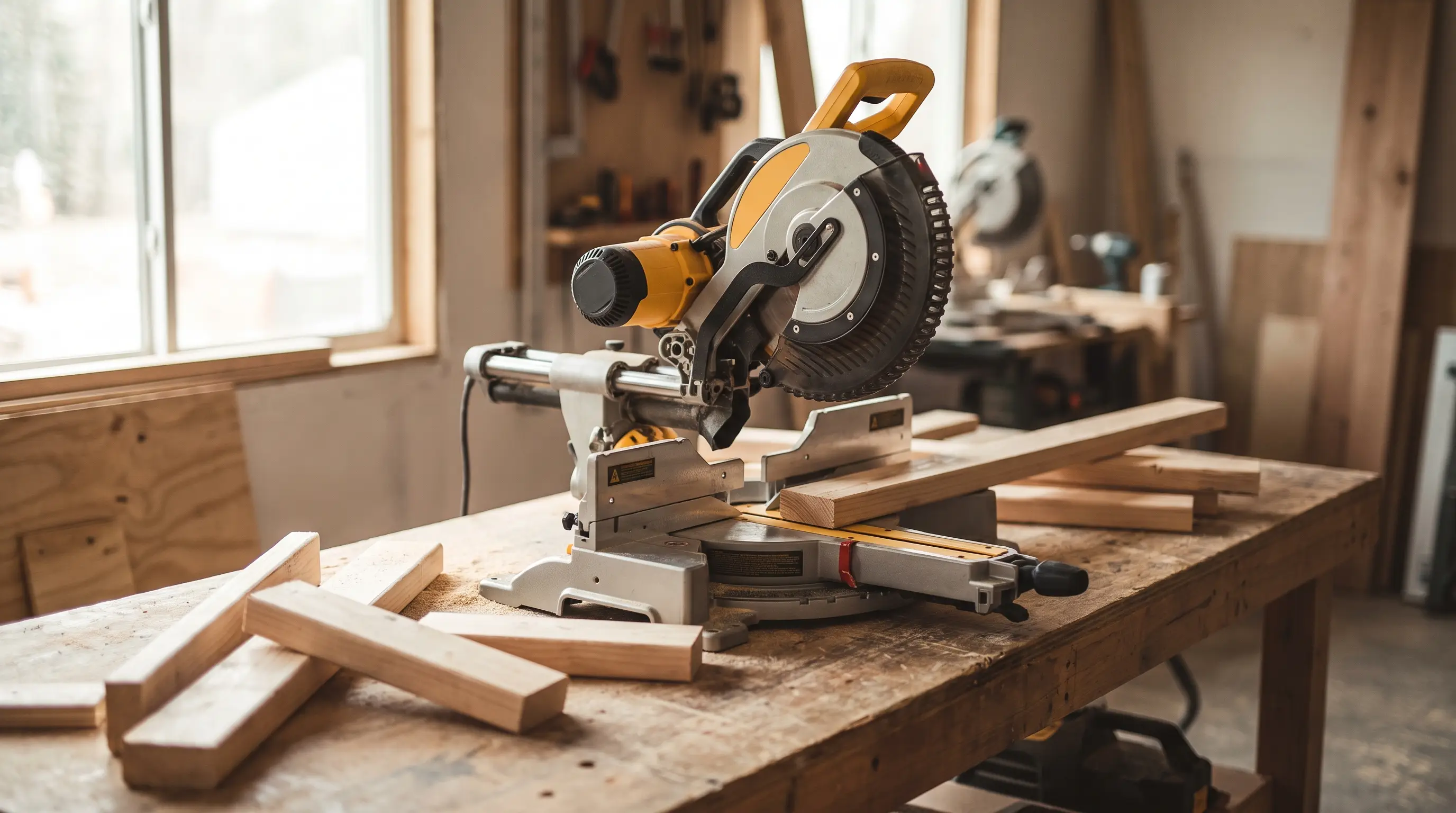 A yellow and black sliding compound miter saw on a jobsite workbench