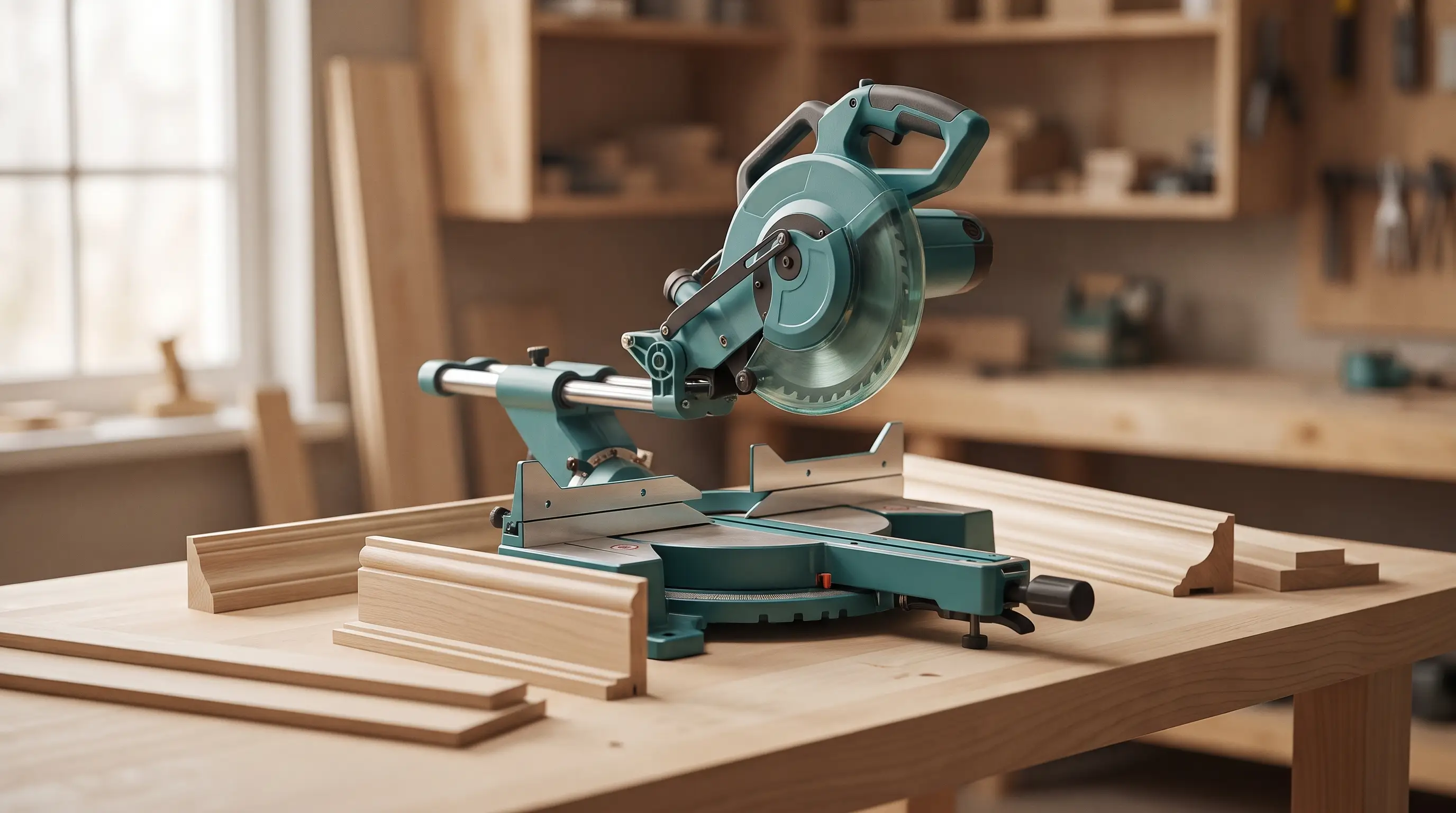 A teal sliding compound miter saw on a finish-carpentry bench with trim moulding