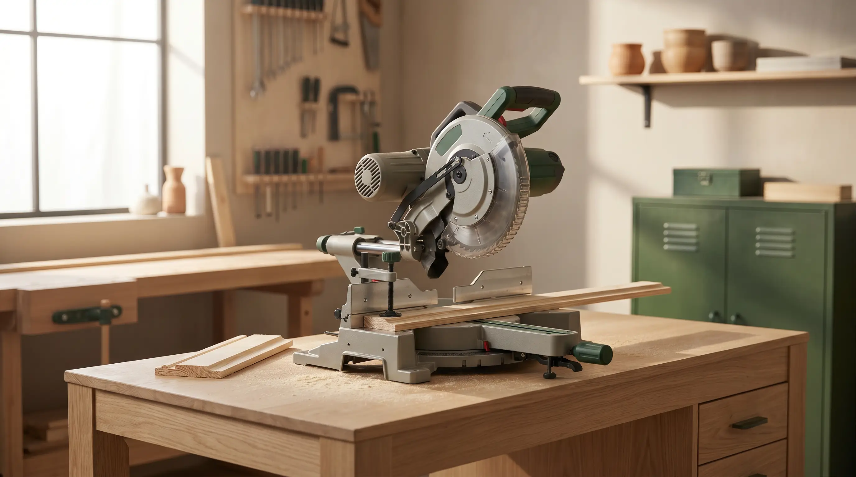 A sliding compound miter saw on a light-oak workbench in a bright woodworking workshop