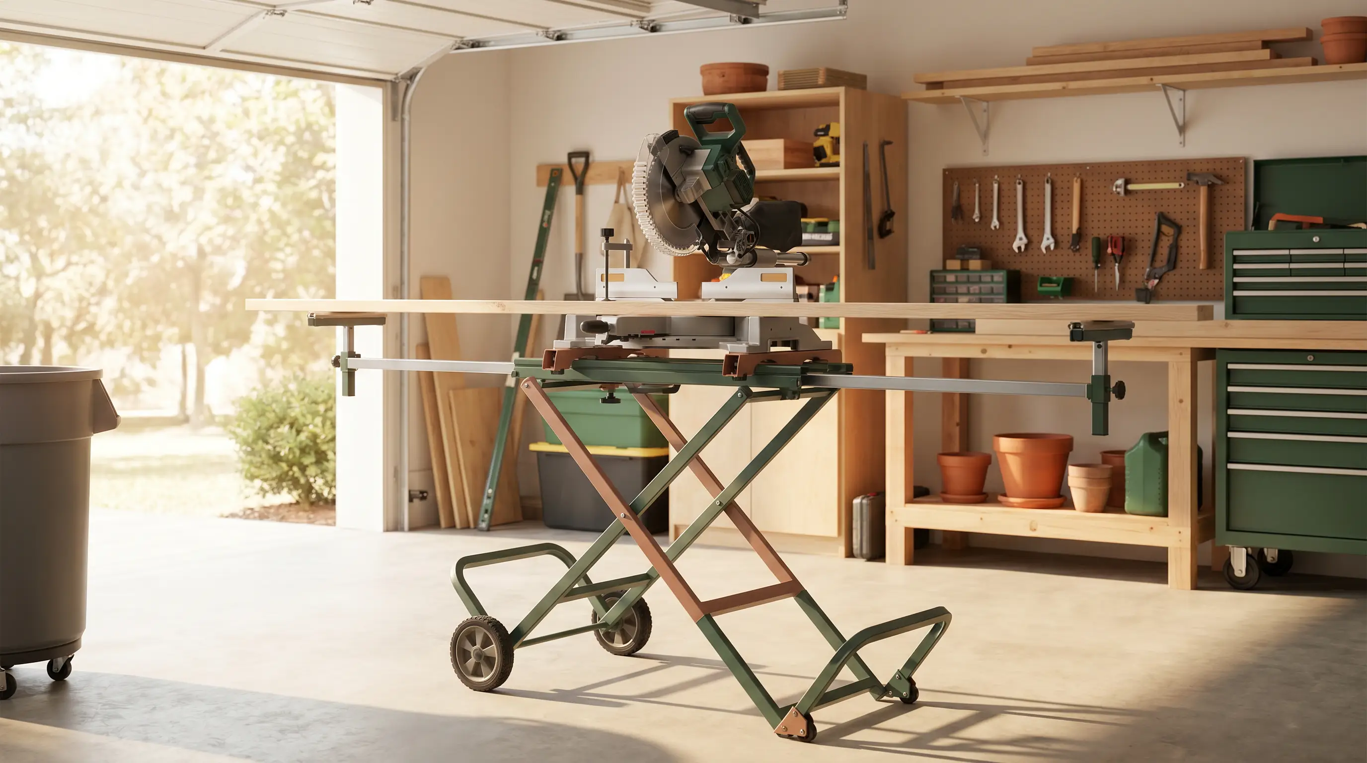 A miter saw mounted on a folding rolling stand in a garage workshop