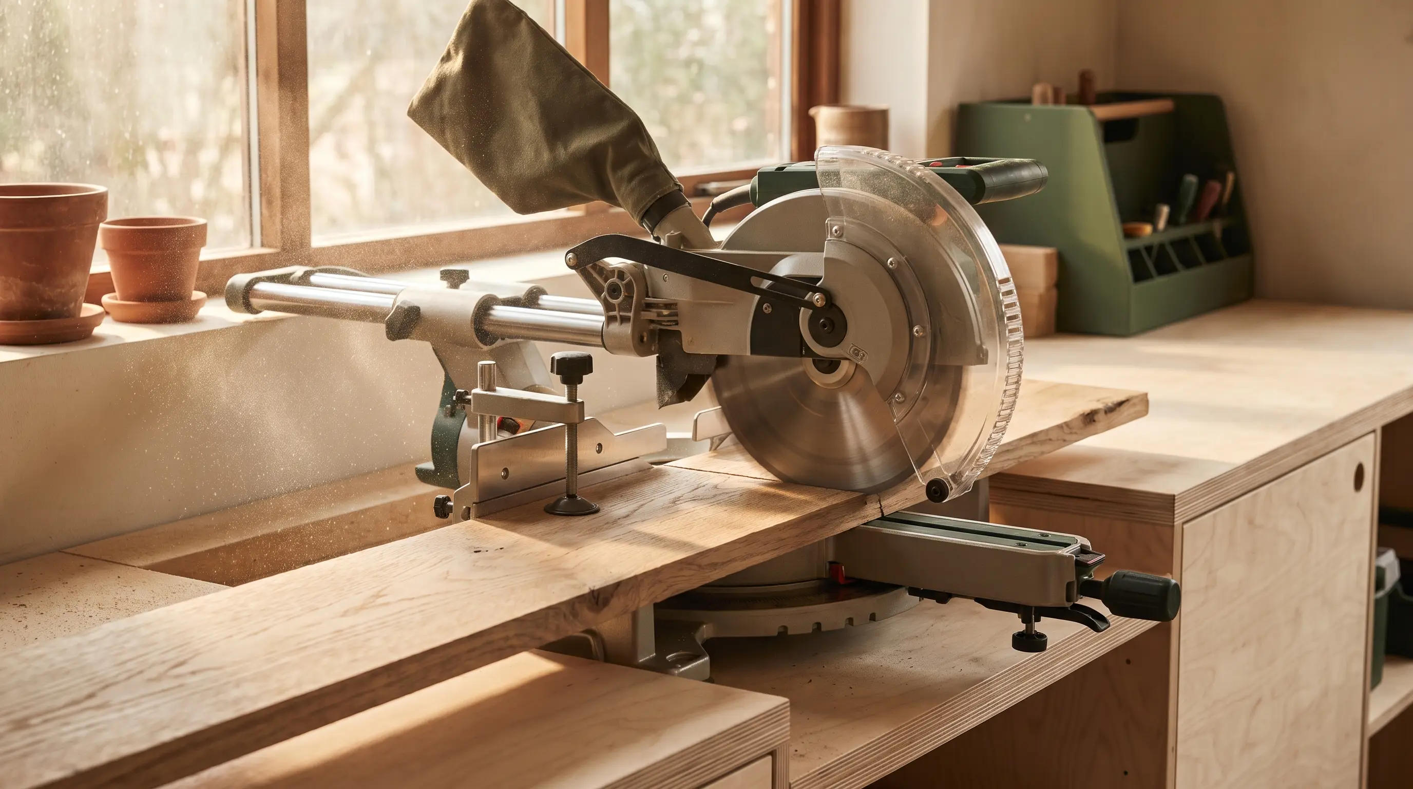 A sliding compound miter saw with its rail extended on a workshop bench
