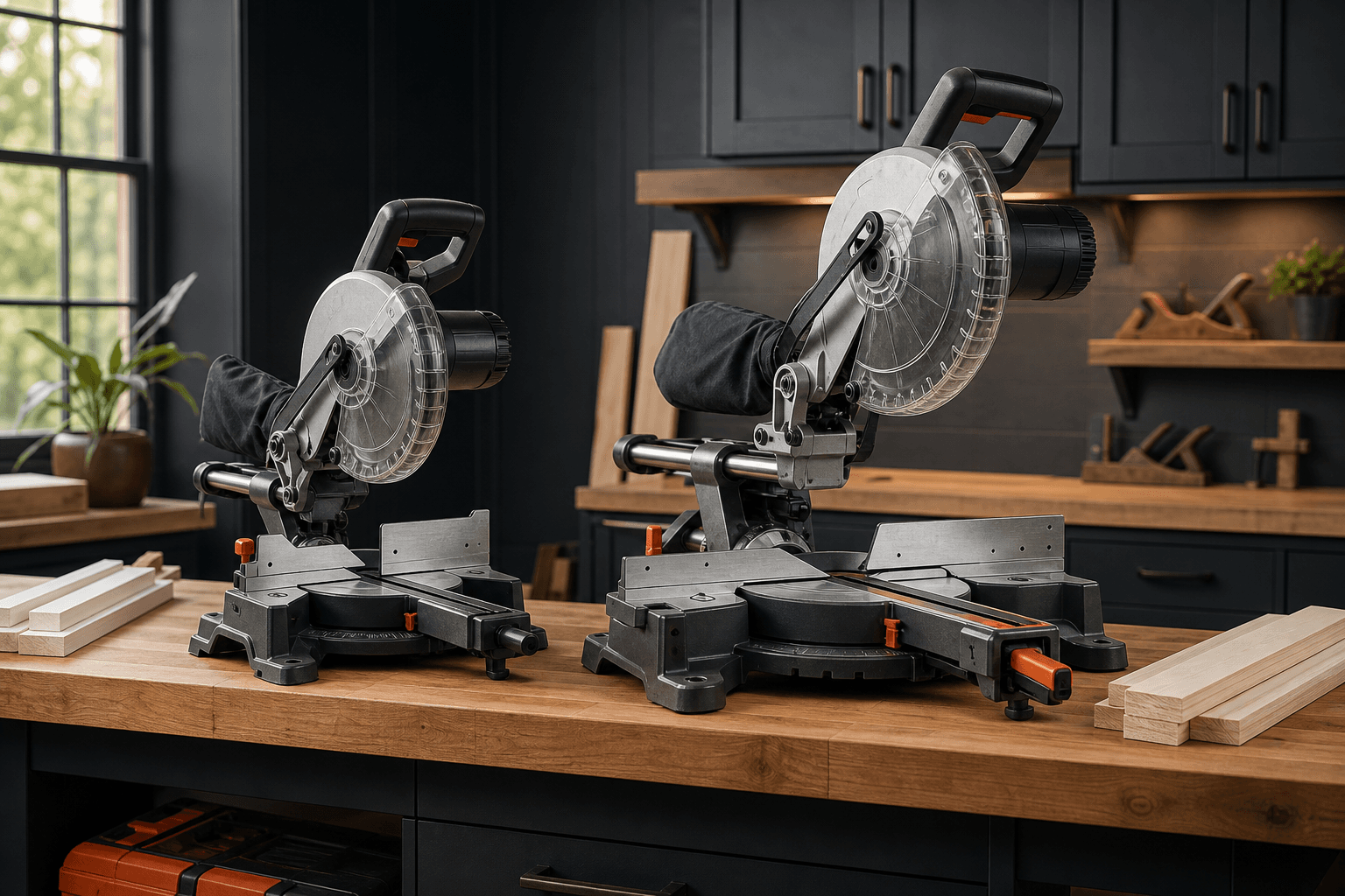 A compact and a larger compound miter saw positioned safely side by side for a capacity comparison