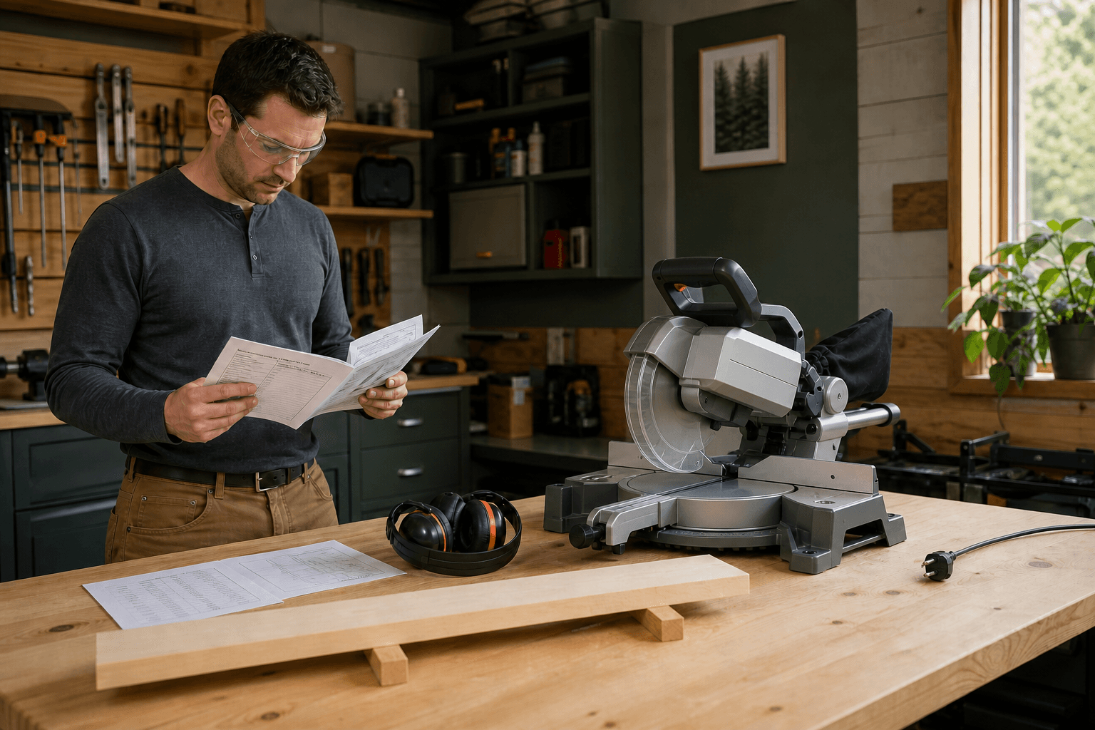 Beginner wearing eye protection reading a manual beside a guarded unplugged miter saw in a tidy workshop