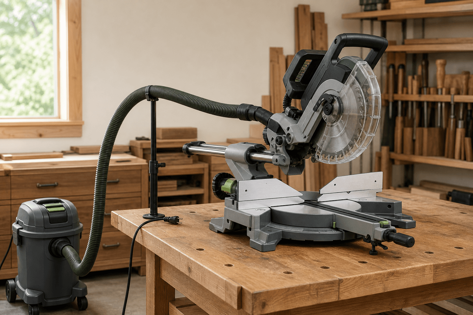 Powered-off guarded miter saw connected to a supported vacuum hose with its power plug safely disconnected