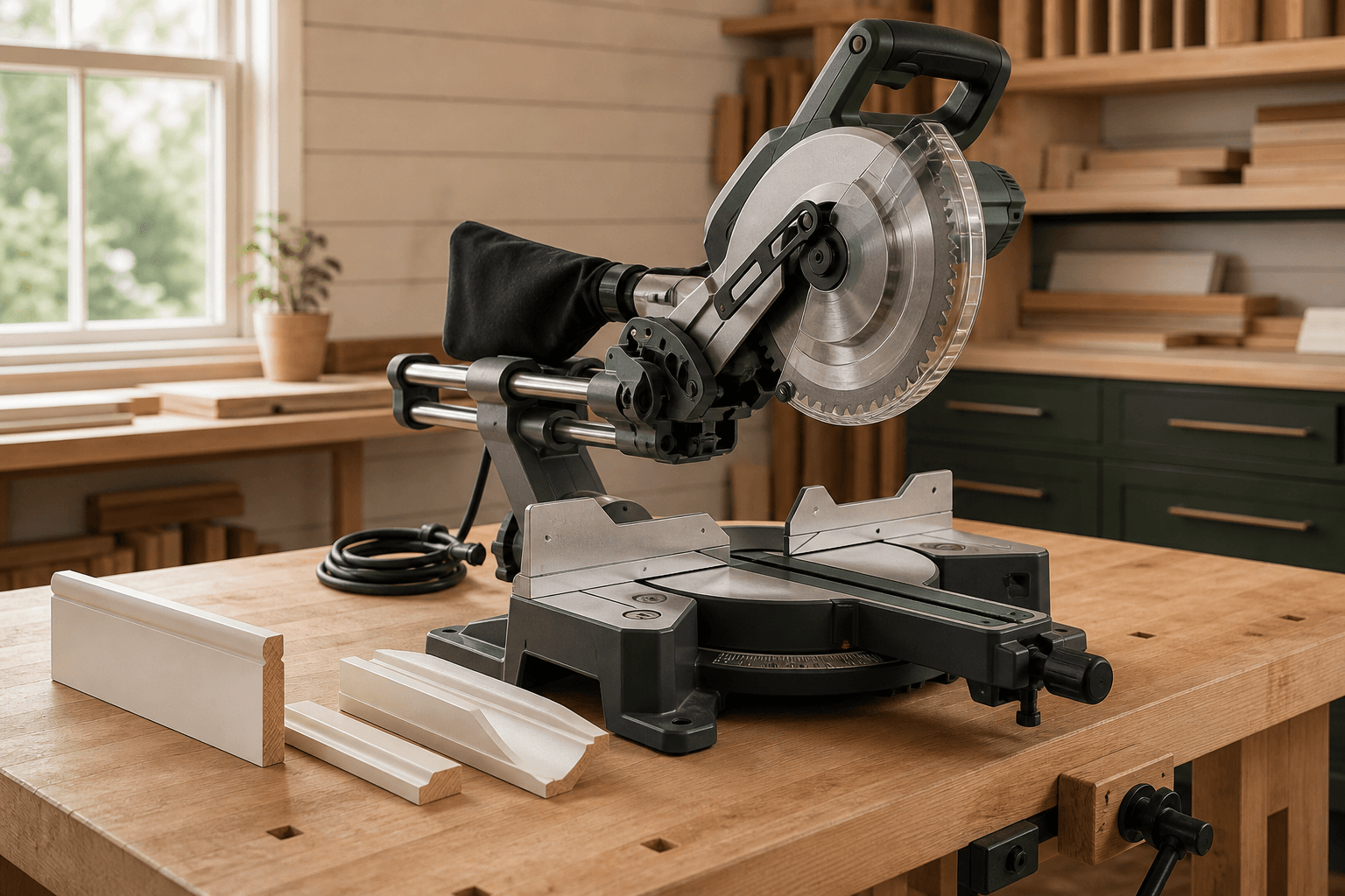 Powered-off guarded miter saw beside baseboard, casing and crown molding samples in an organized finish-carpentry workshop