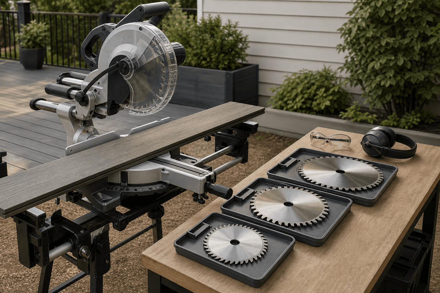 Three saw blade sizes in protective trays beside a powered-off miter saw and a fully supported composite deck board