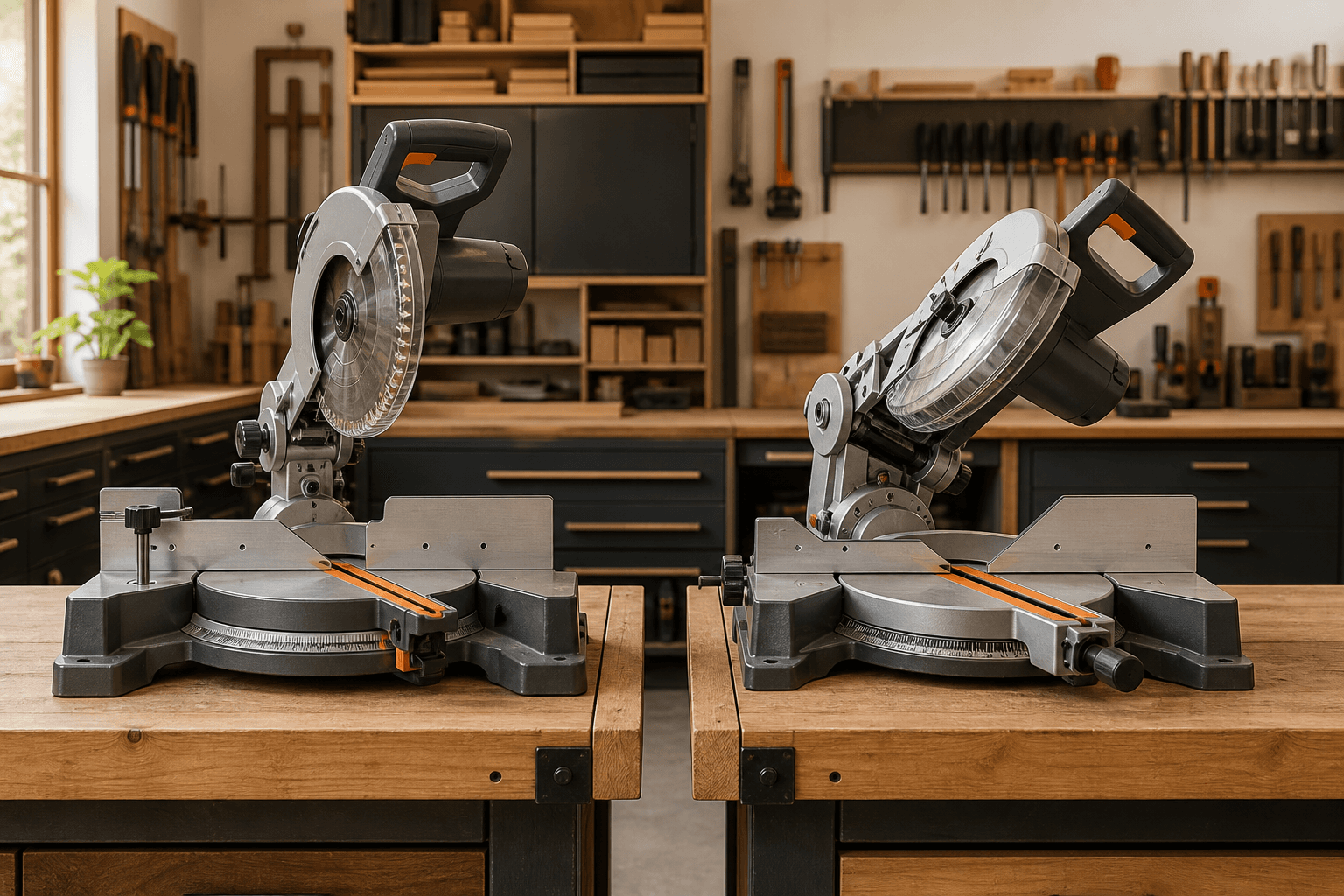 Powered-off basic miter saw beside a compound miter saw with its guarded head safely tilted to demonstrate bevel capability