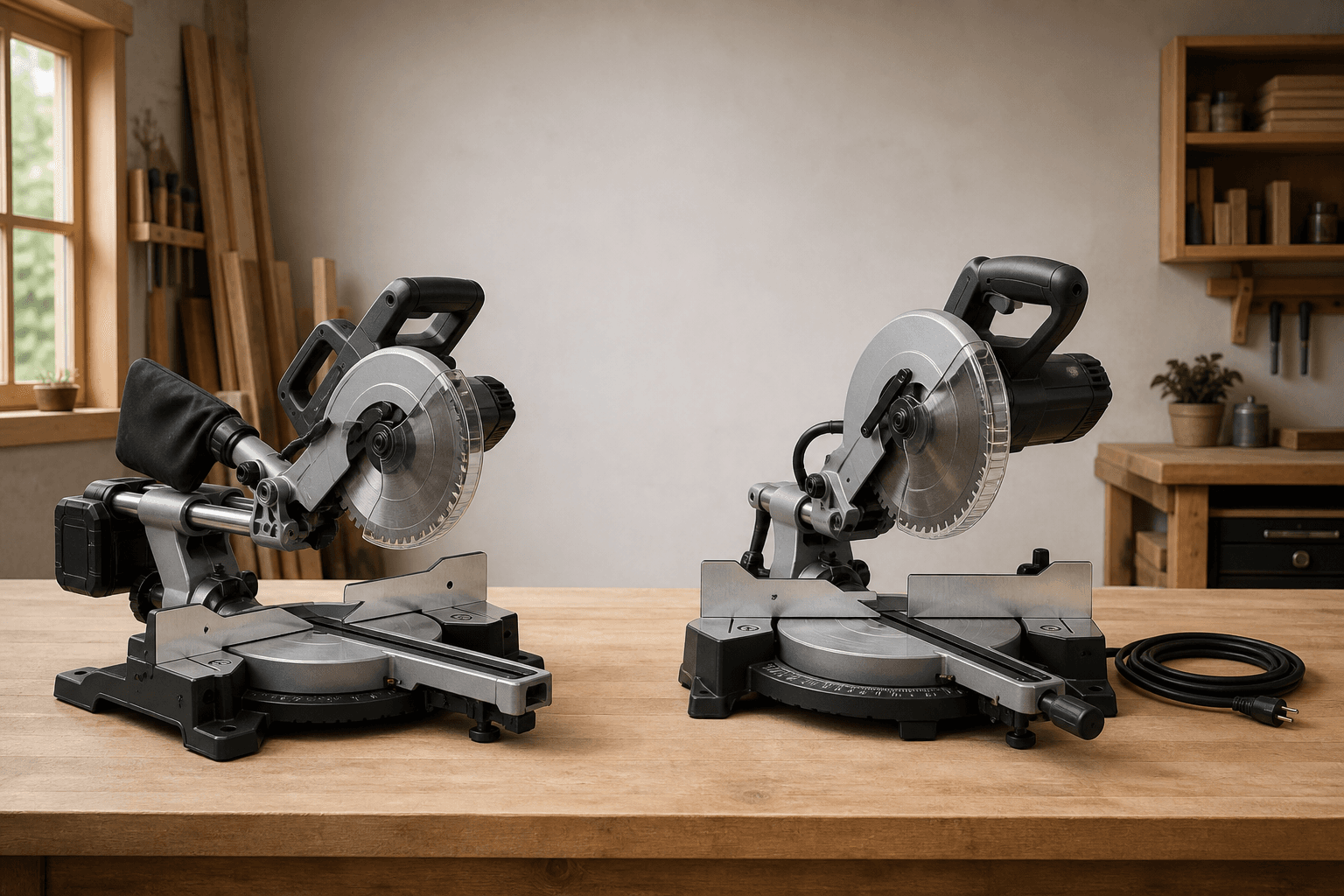 Powered-off cordless miter saw with battery beside an unplugged corded miter saw on a clean workshop bench