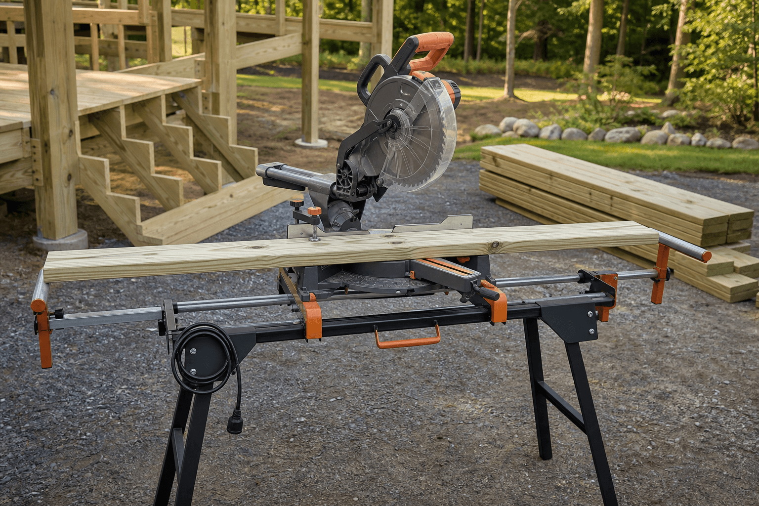 A powered-off sliding miter saw on a stable stand with a supported deck board at a dry outdoor jobsite