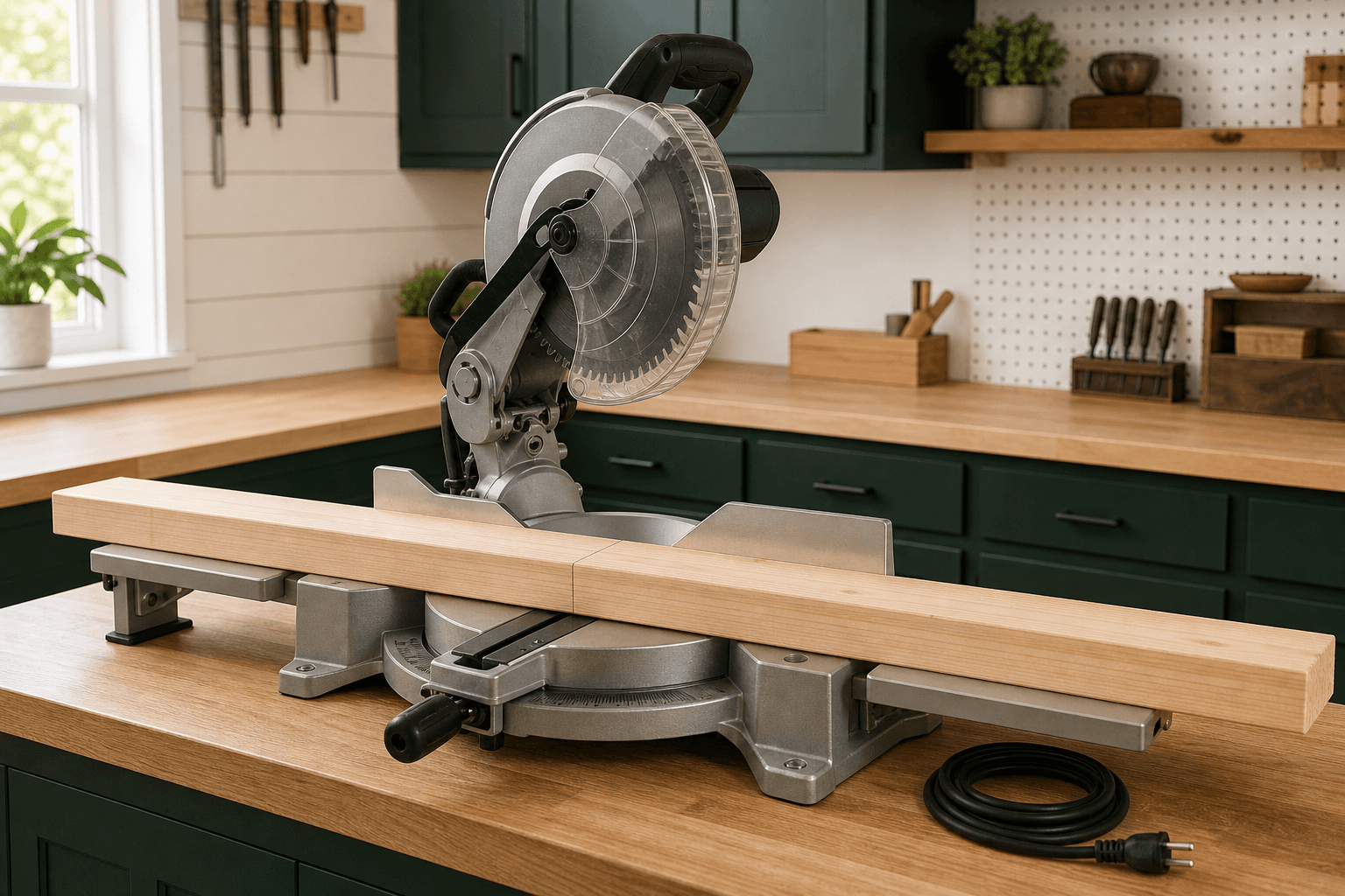 Unplugged compound miter saw with a straight 2x4 supported level across both sides of the table