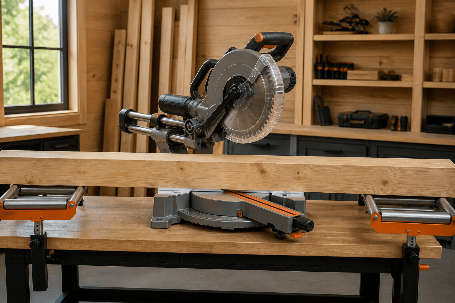 Powered-off unbranded sliding miter saw with a nominal 4x4 post supported level across the saw table