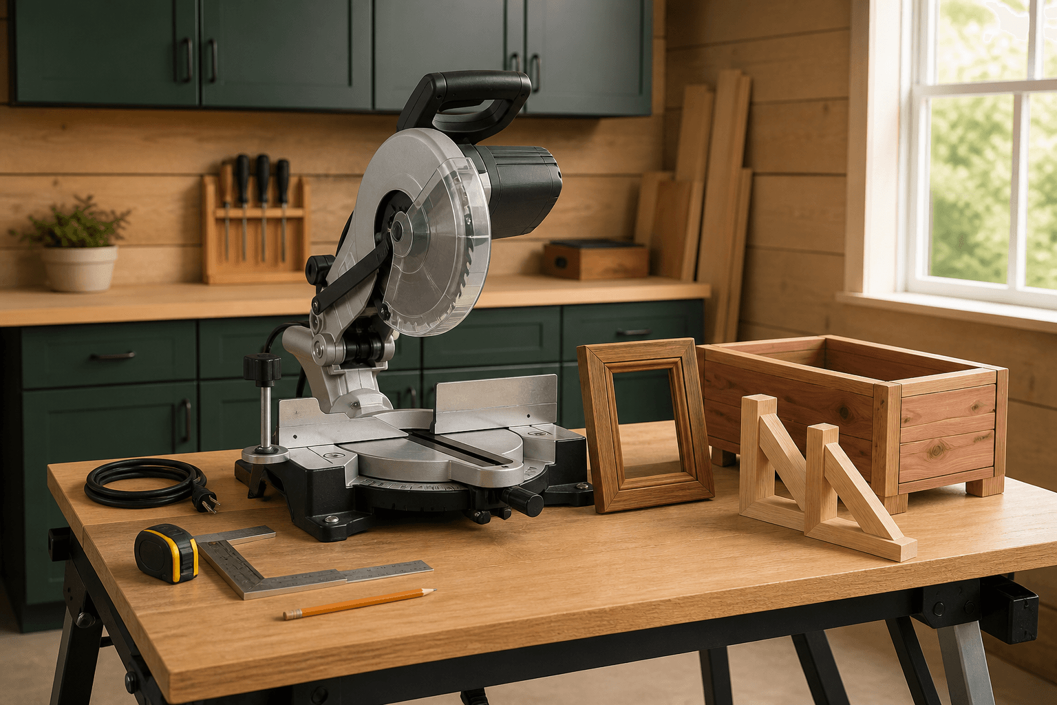 Powered-off compact miter saw beside a picture frame, planter box and shelf brackets in a small workshop
