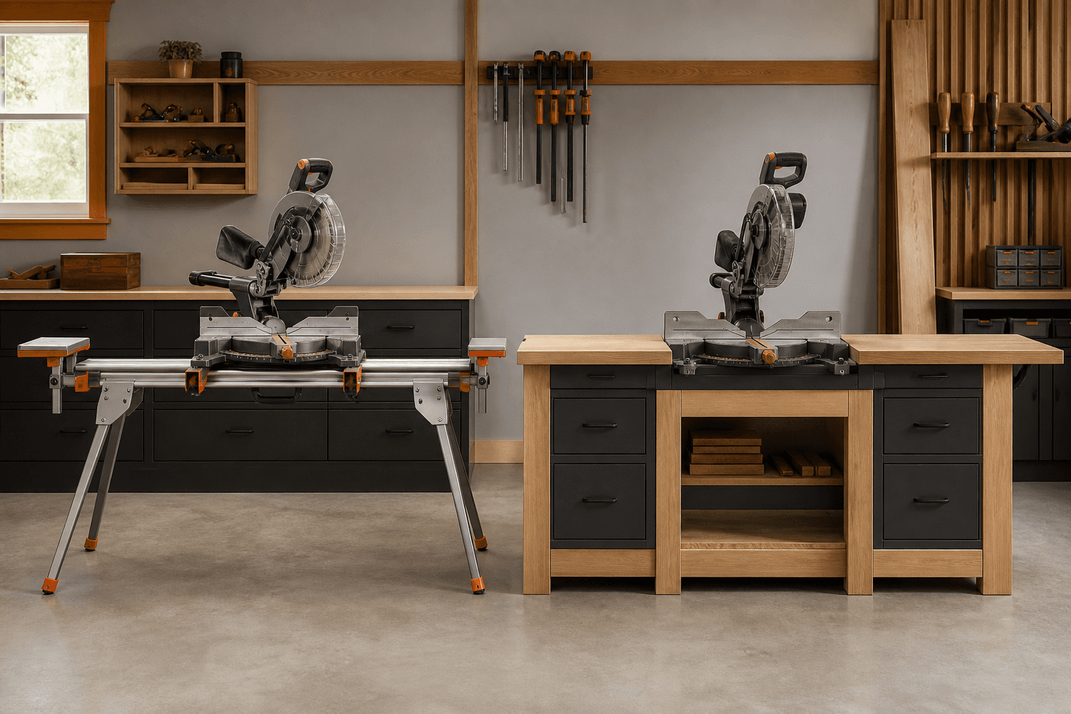 Powered-off miter saw on a portable folding stand beside a second saw mounted in a fixed flush workbench station