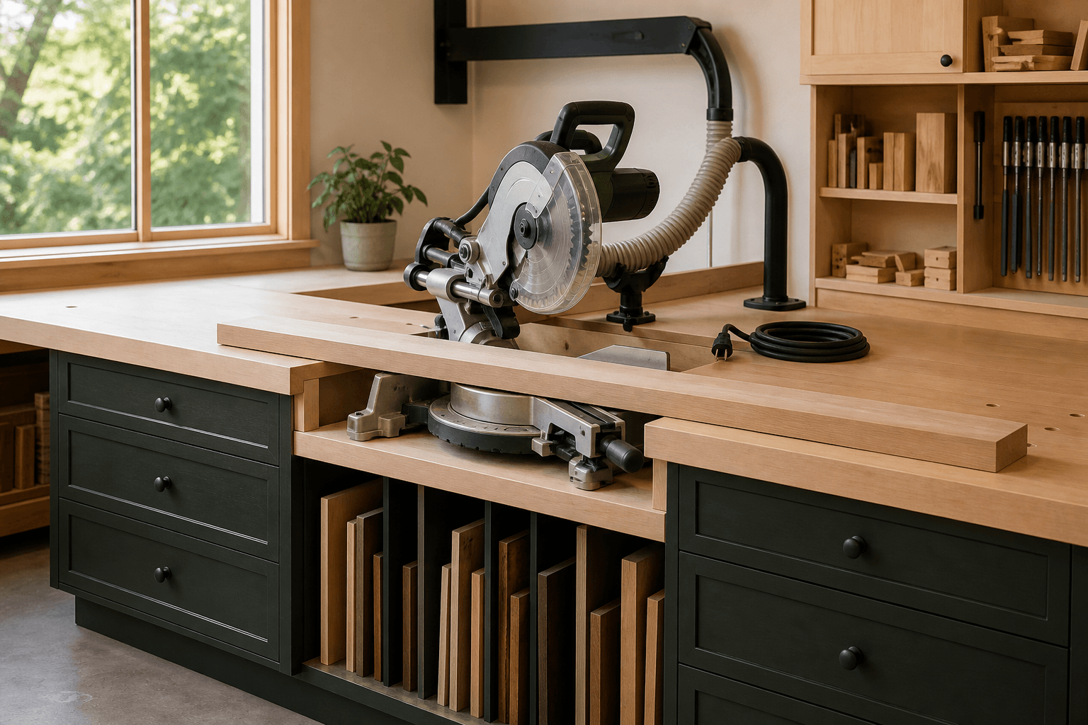 Powered-off sliding miter saw secured in a recessed workshop station with level support wings and storage