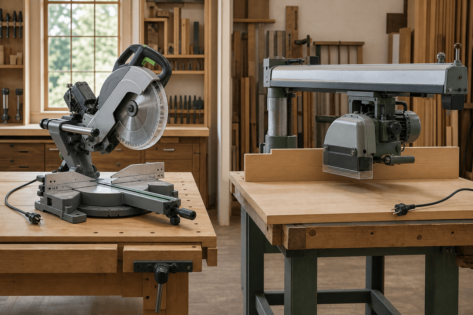 Unplugged guarded sliding miter saw beside an unplugged radial arm saw with its carriage safely retracted