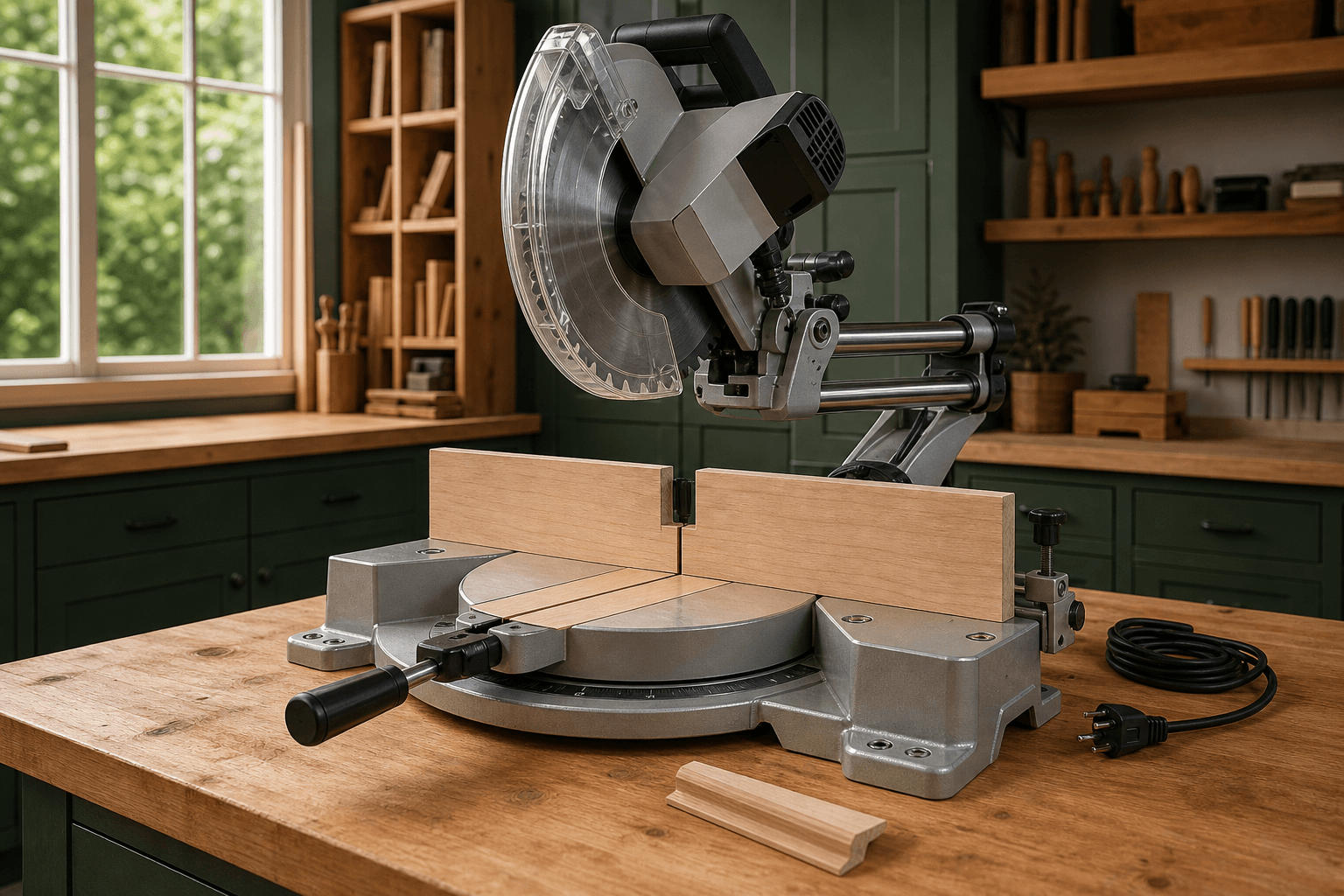 Unplugged unbranded miter saw with a narrow zero-clearance throat kerf and sacrificial fence in an empty workshop
