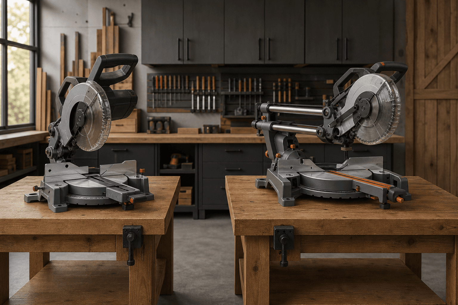 Powered-off fixed-head miter saw beside a sliding miter saw with parallel rails in a clean workshop