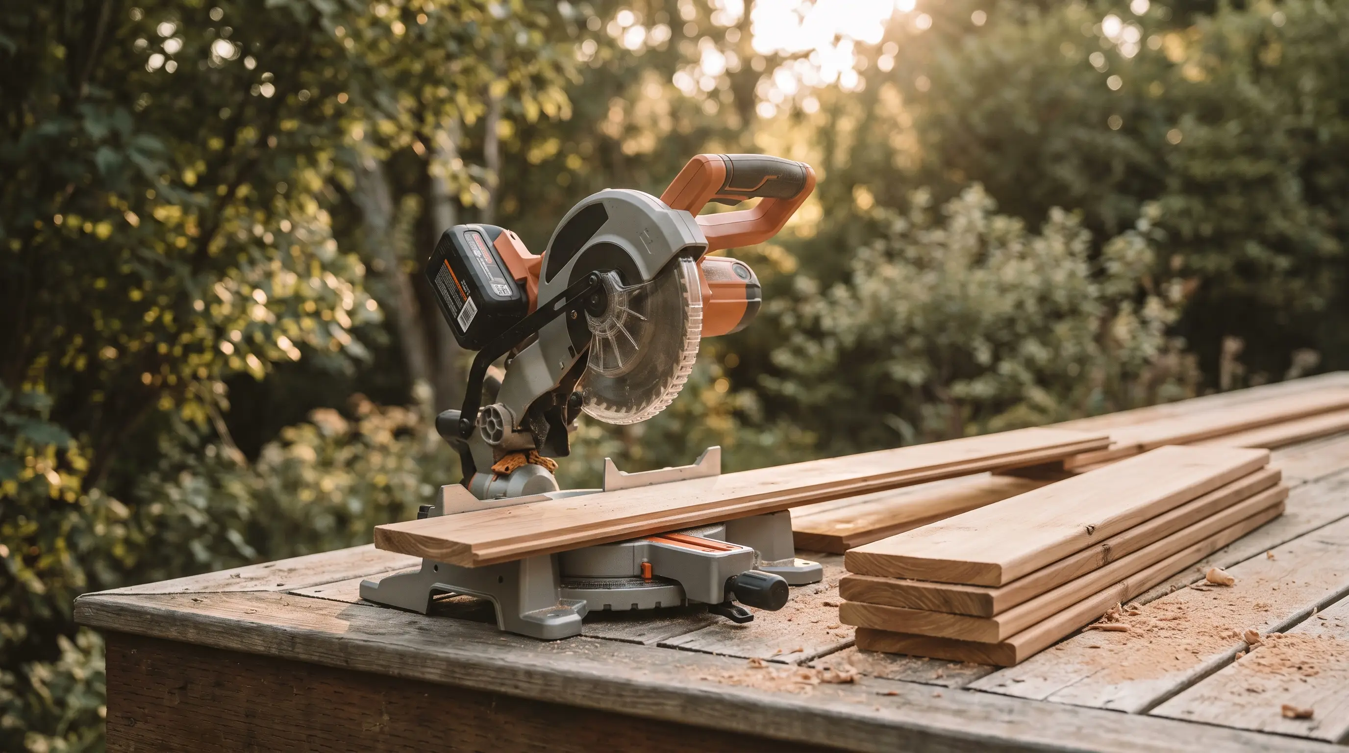 A cordless battery-powered miter saw set up outdoors on a wooden deck