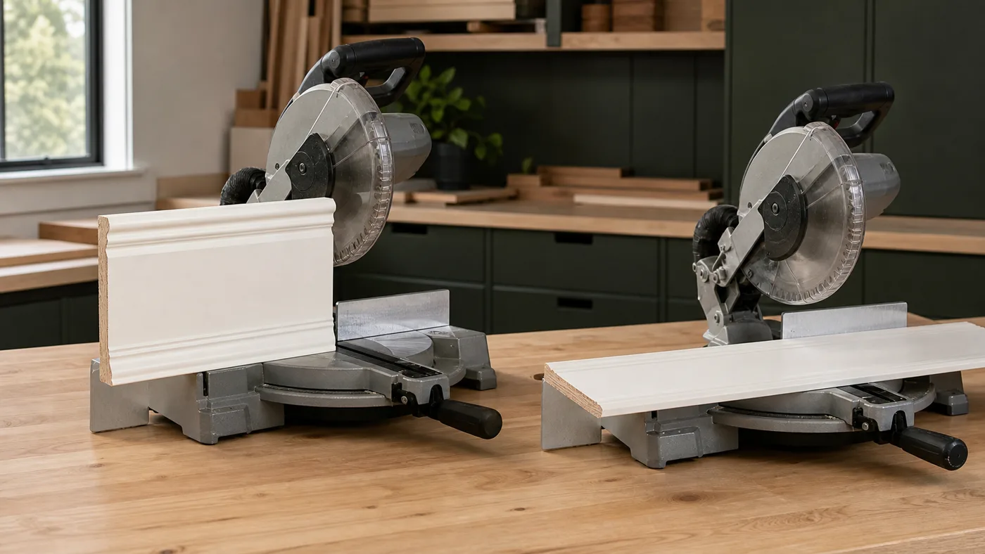 Tall baseboard against a miter saw fence and wide baseboard lying flat