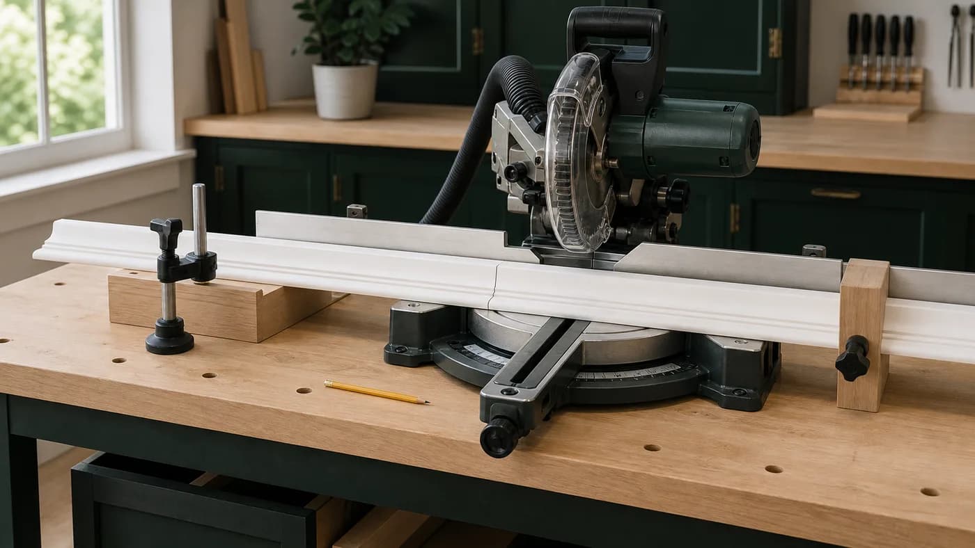 Long baseboard supported at a miter saw with clamp and stop block