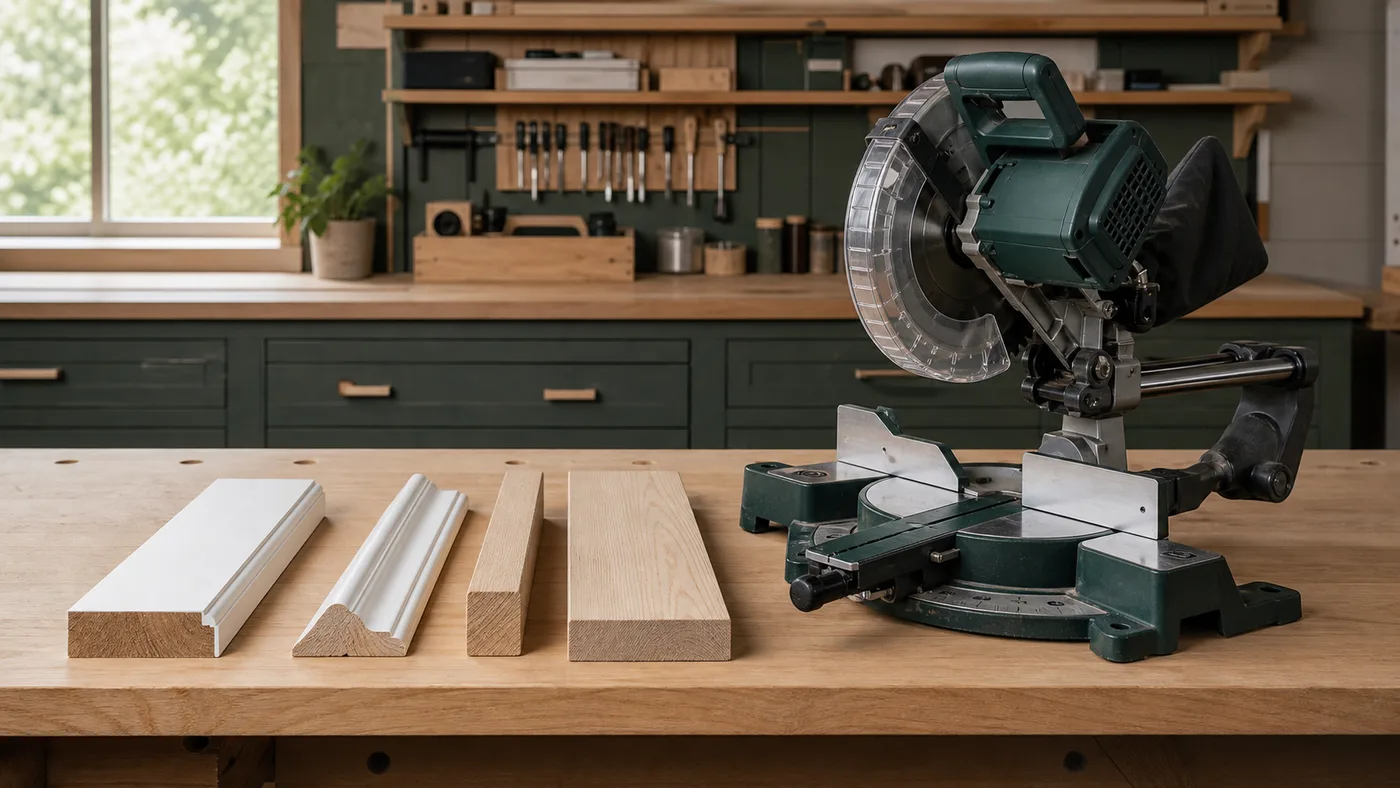 Different trim and board profiles arranged beside a miter saw