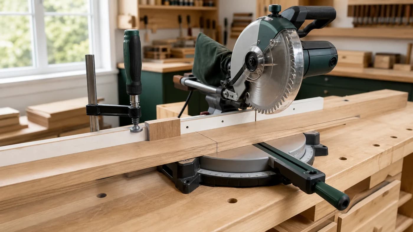 Miter saw workflow with level stock support, clamp, fence, and stop block