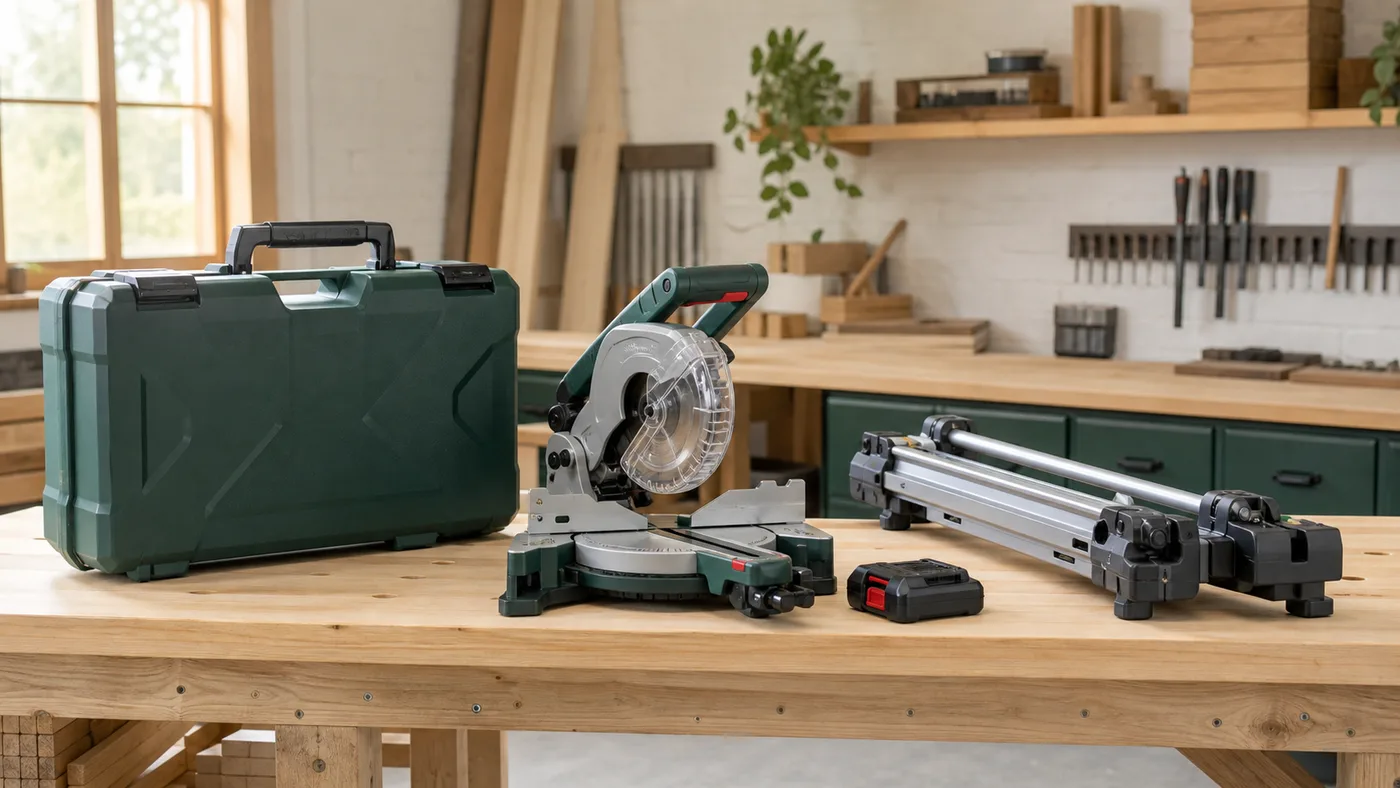 Compact cordless miter saw with battery removed, case, and folded stand