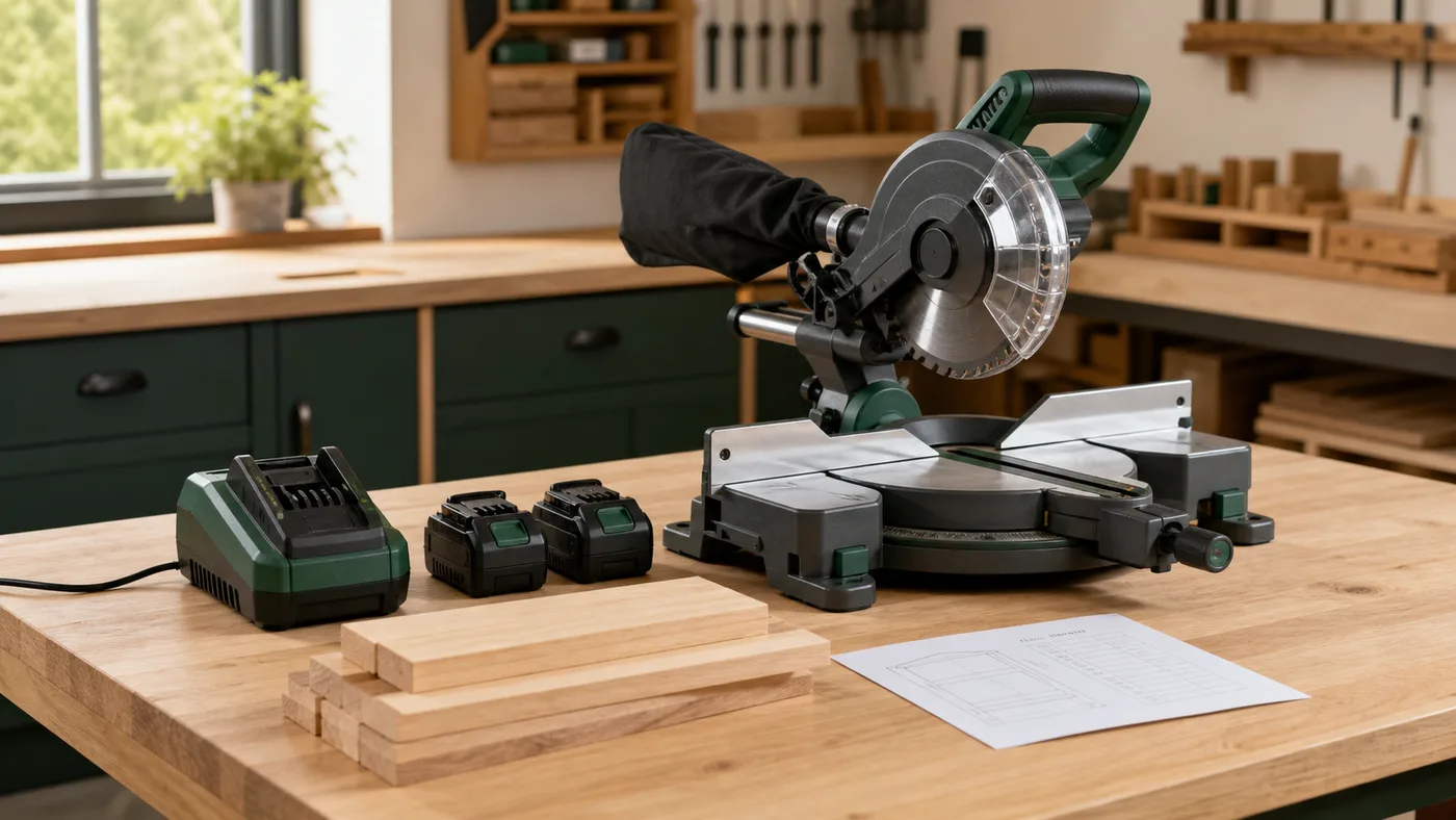 Cordless miter saw with batteries, charger, stock, and a cut plan