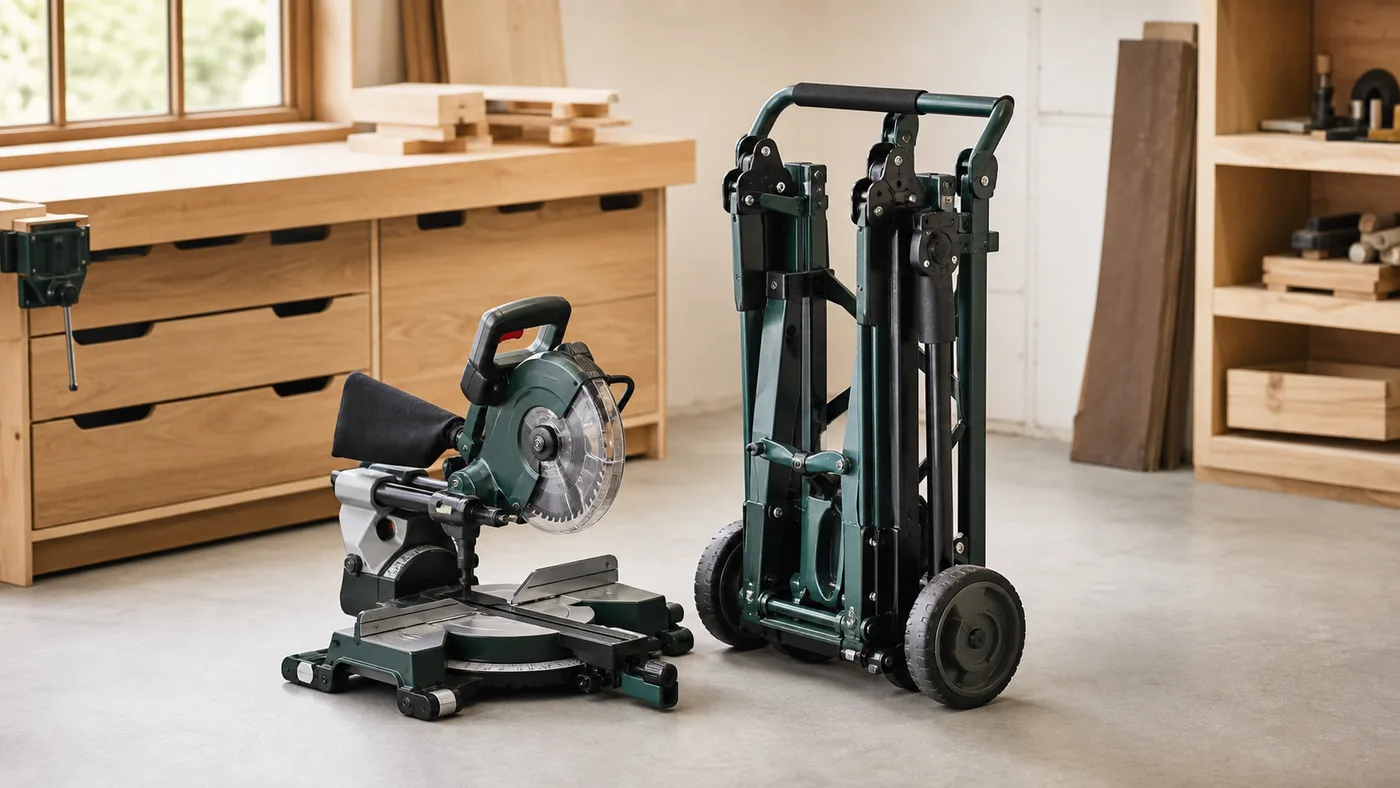 Folded wheeled miter saw stand beside a compact saw