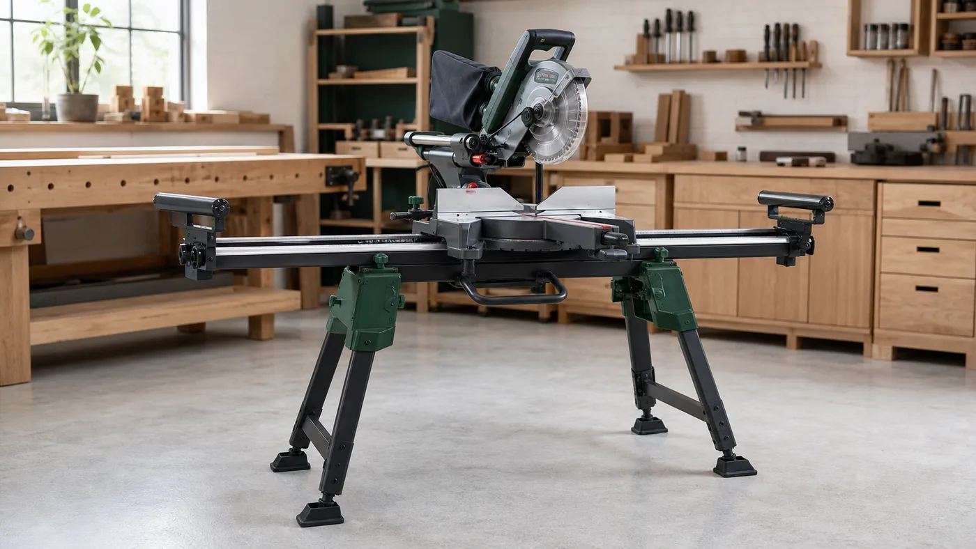 Miter saw mounted on a wide portable stand with level extension supports