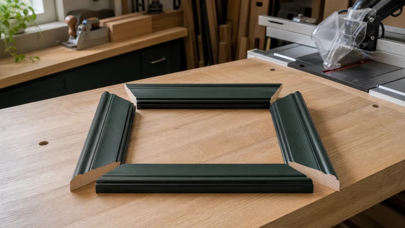 Four picture-frame molding pieces dry-fitted into precise miter joints