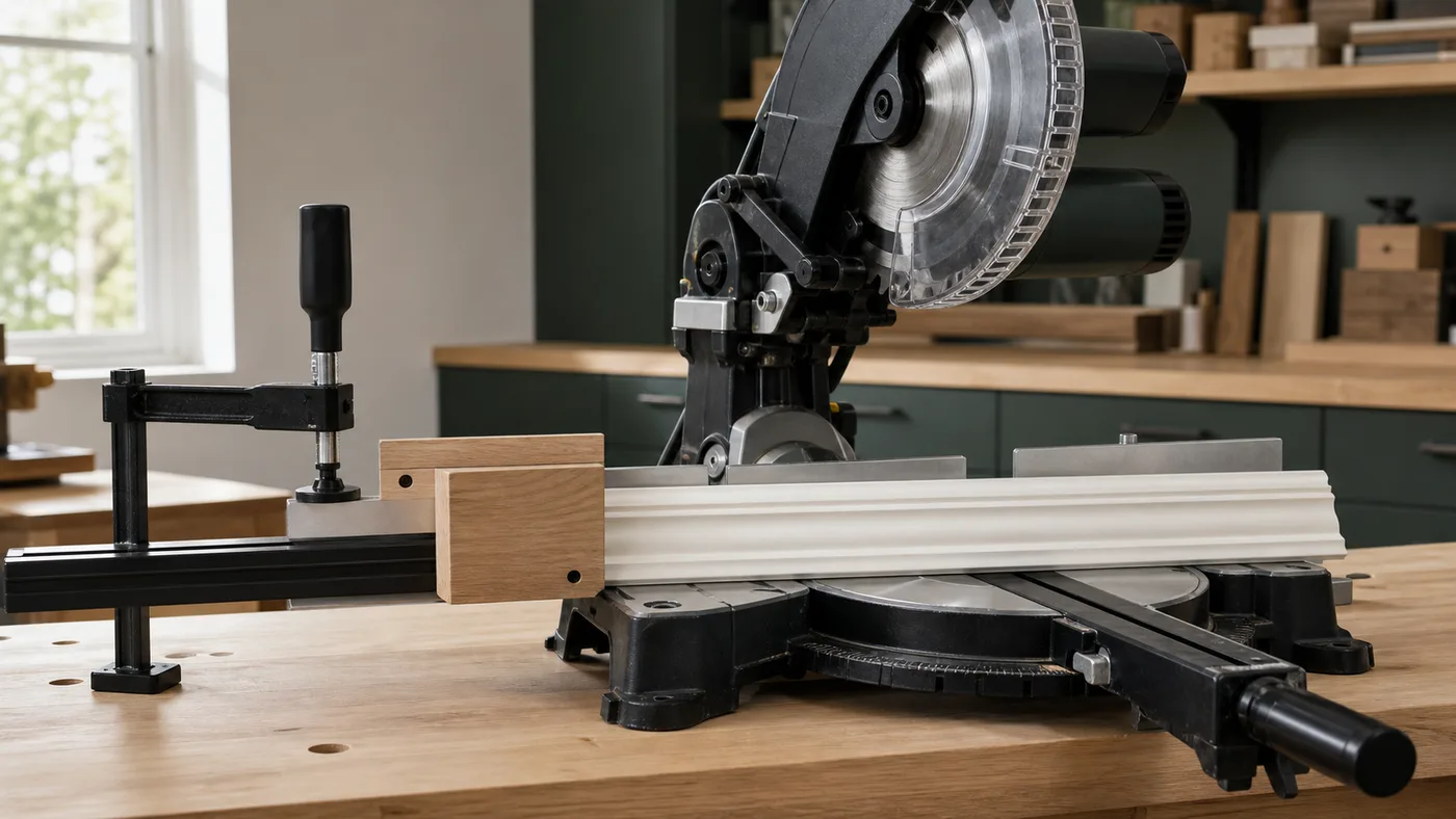 Picture-frame molding positioned against a fence with clamp and stop block