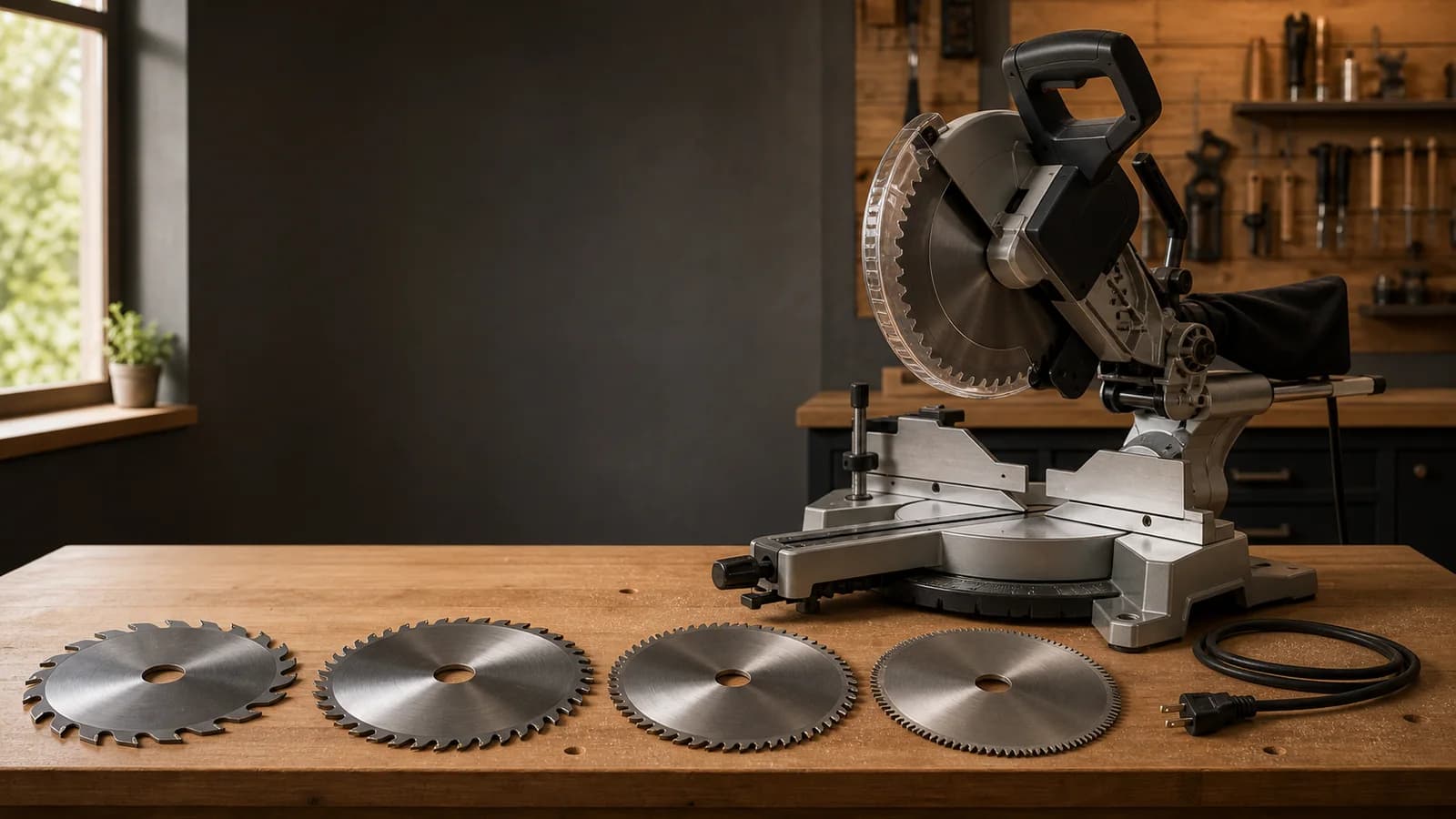 Four unbranded miter saw blades with progressively finer tooth counts beside an unplugged miter saw
