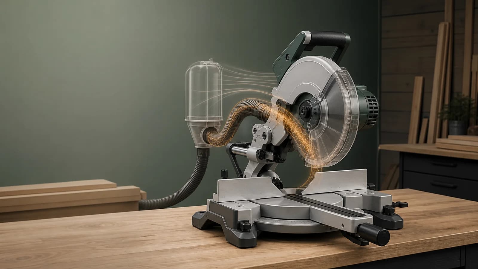 Miter saw dust plume visualized moving into a rear hood and extraction hose