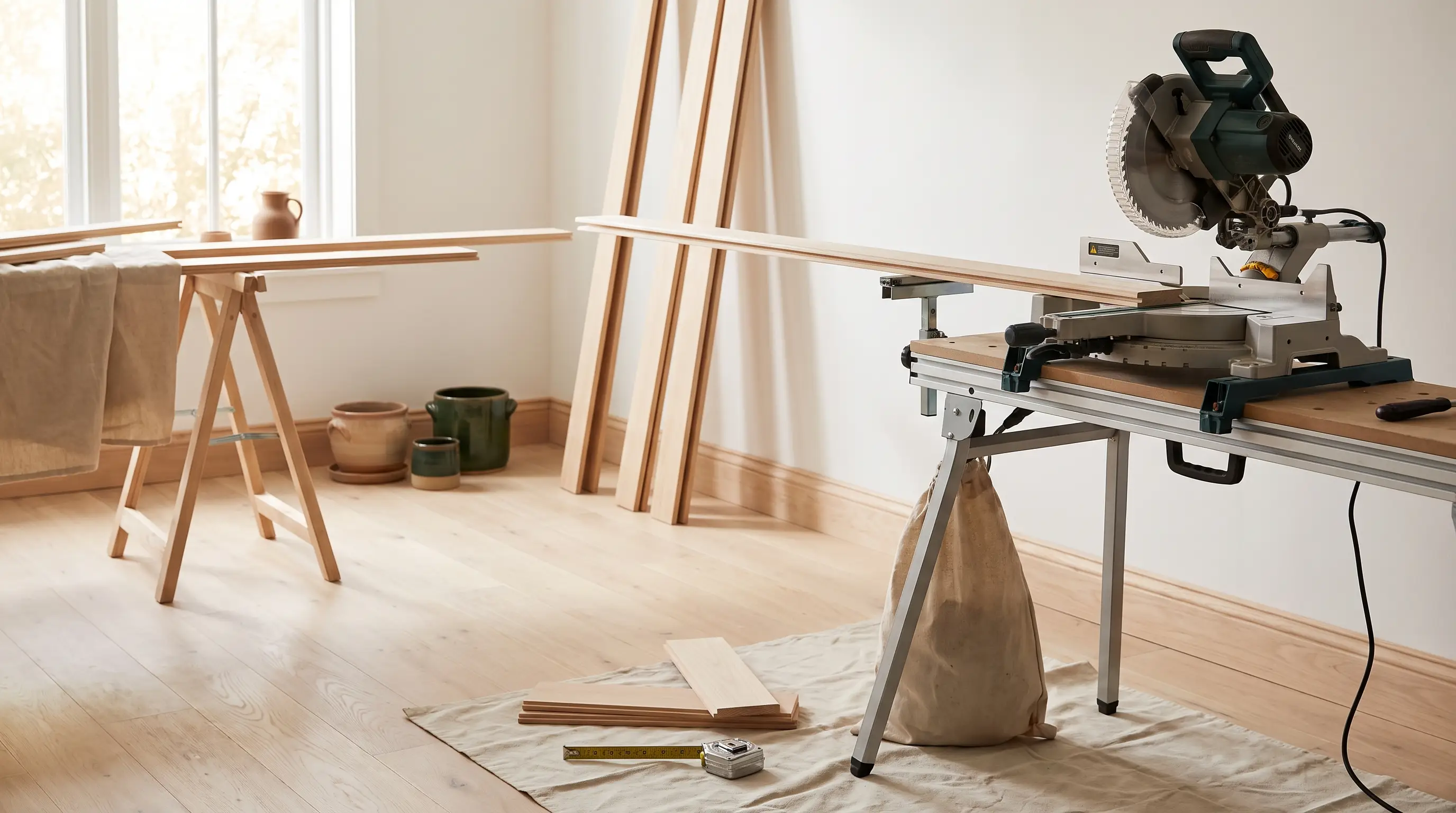A miter saw and baseboard trim in a freshly renovated room