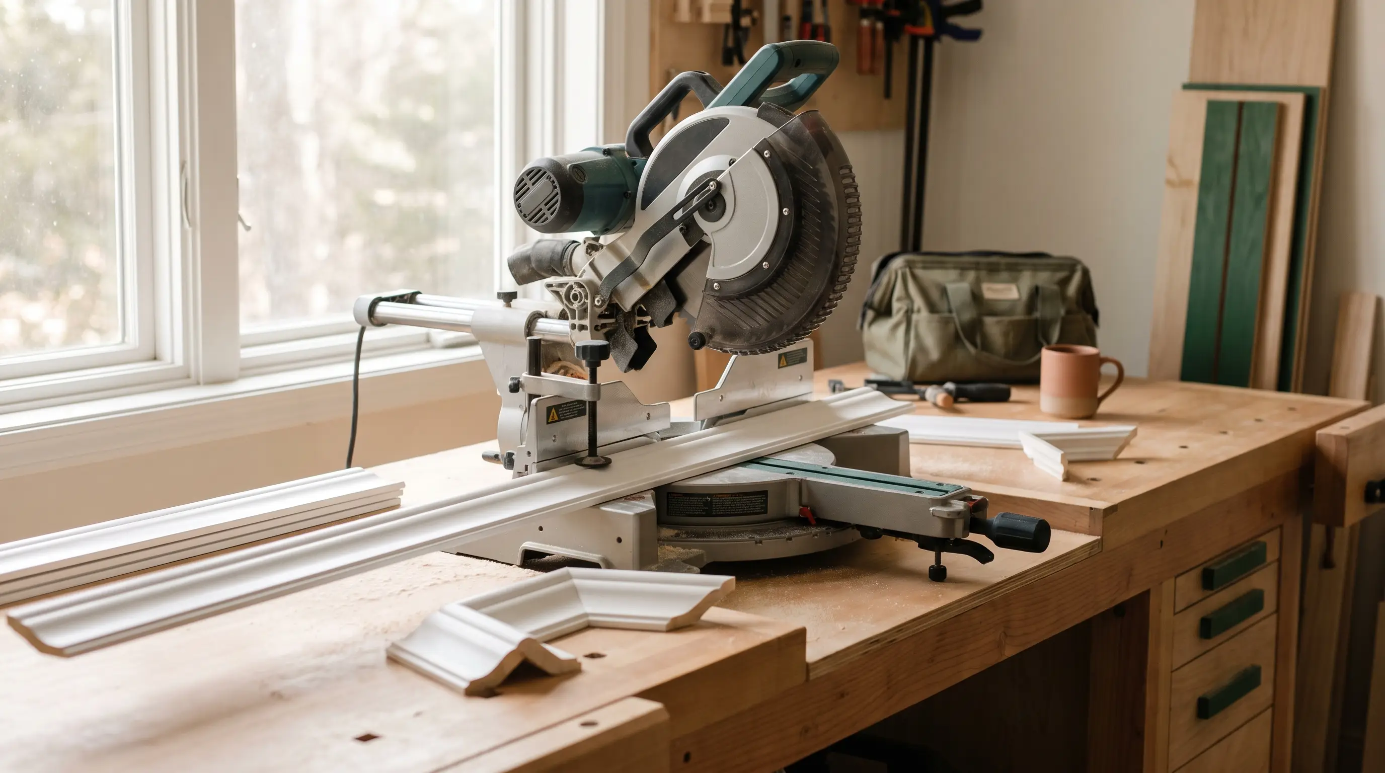 A miter saw with lengths of crown molding on a trim-carpentry workbench