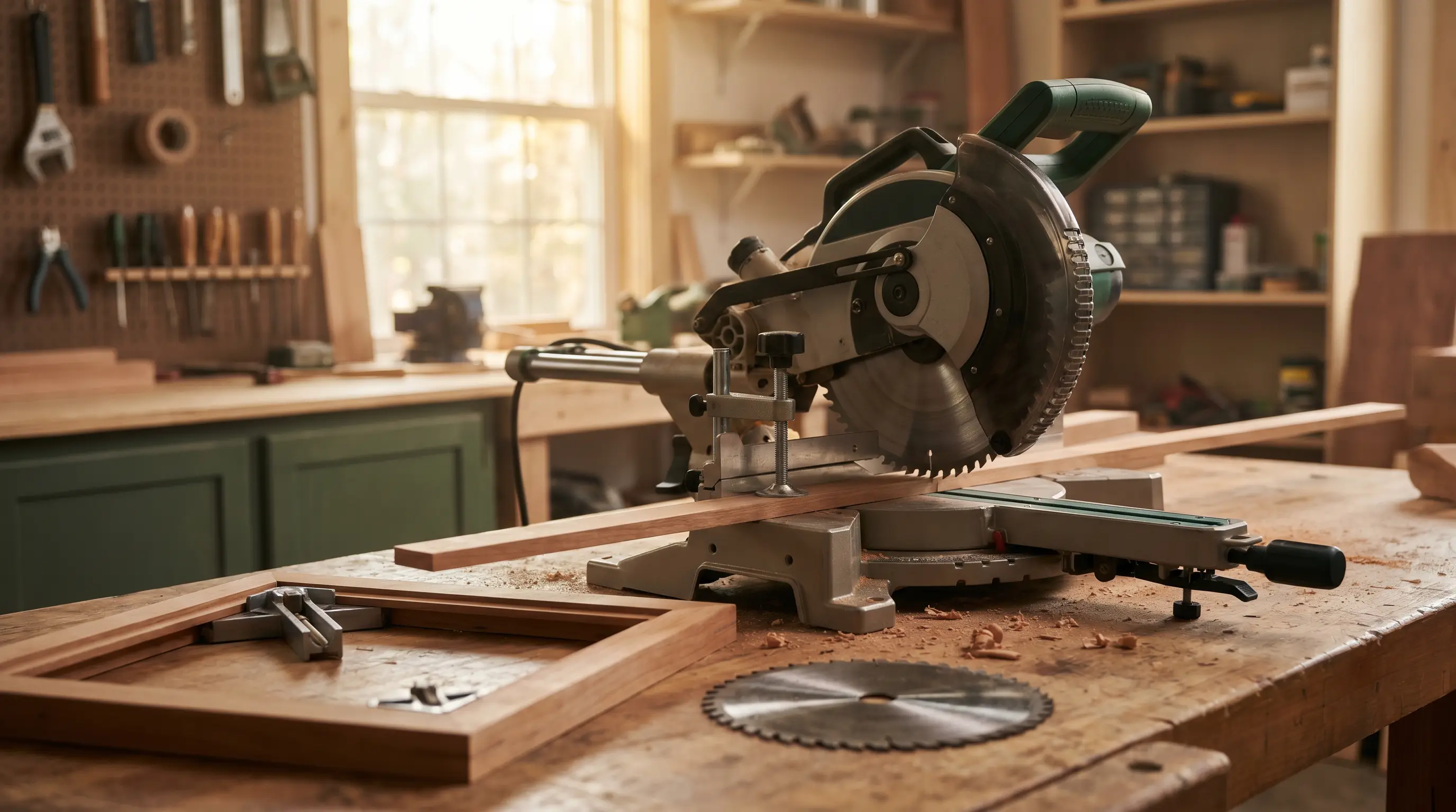 A miter saw and a wooden picture frame on a woodworking bench