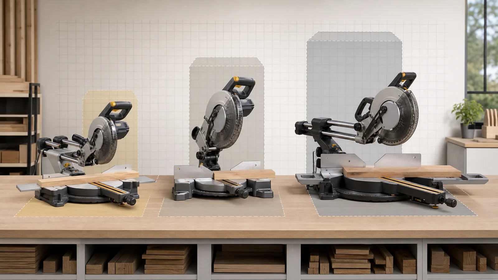 Three unbranded miter saw systems arranged from compact to fixed and full-size sliding with visual footprint zones