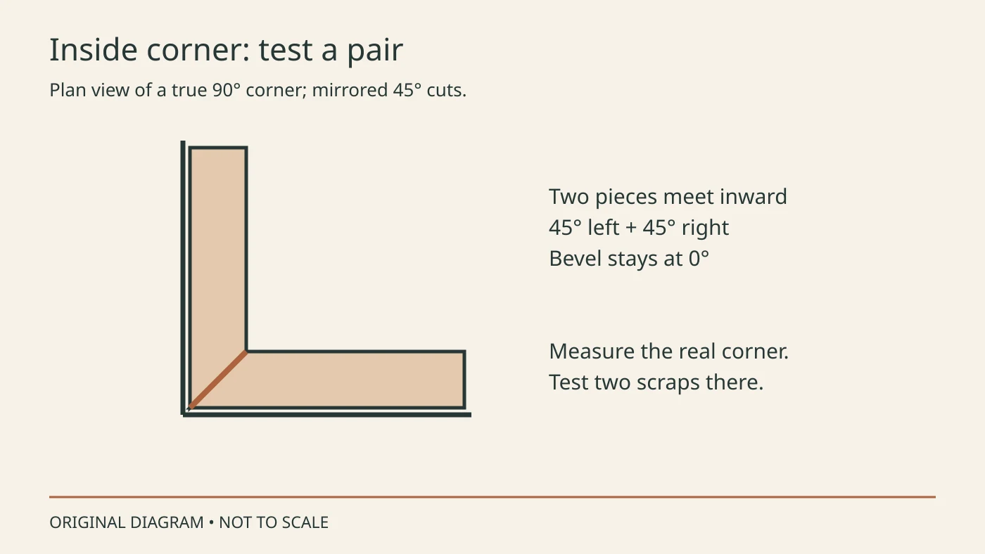 Plan view of two mirrored miter cuts meeting in an inward ninety-degree wall corner
