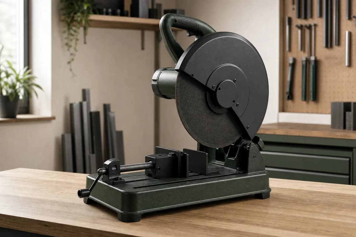 Metal-cutting chop saw with abrasive wheel guard and workpiece vise
