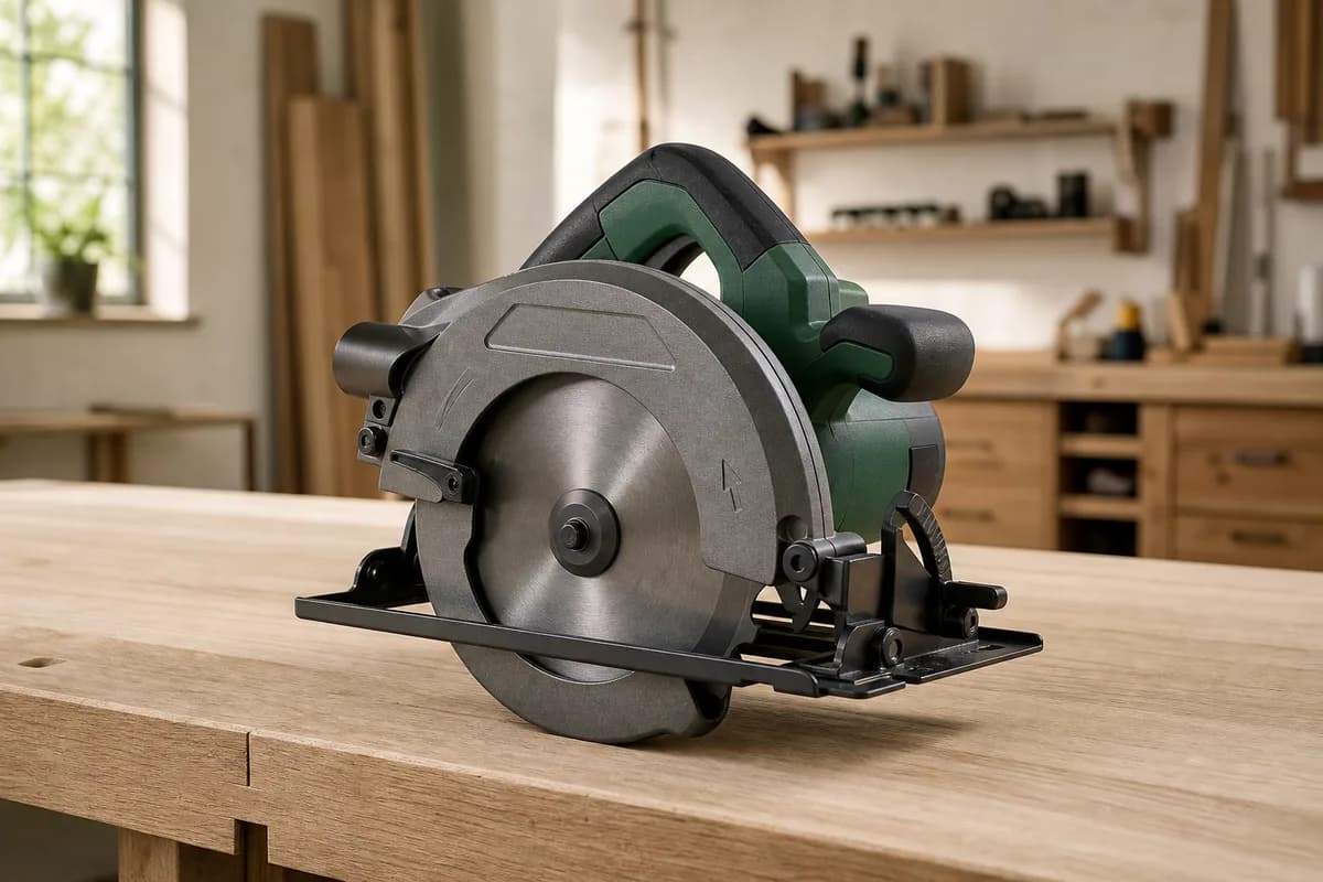 Handheld circular saw resting safely on a workbench with its blade guard closed