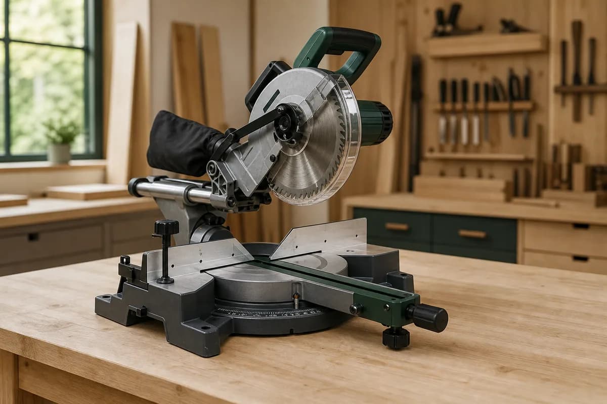 Compound miter saw with blade guard, fence, and turntable in a woodworking shop