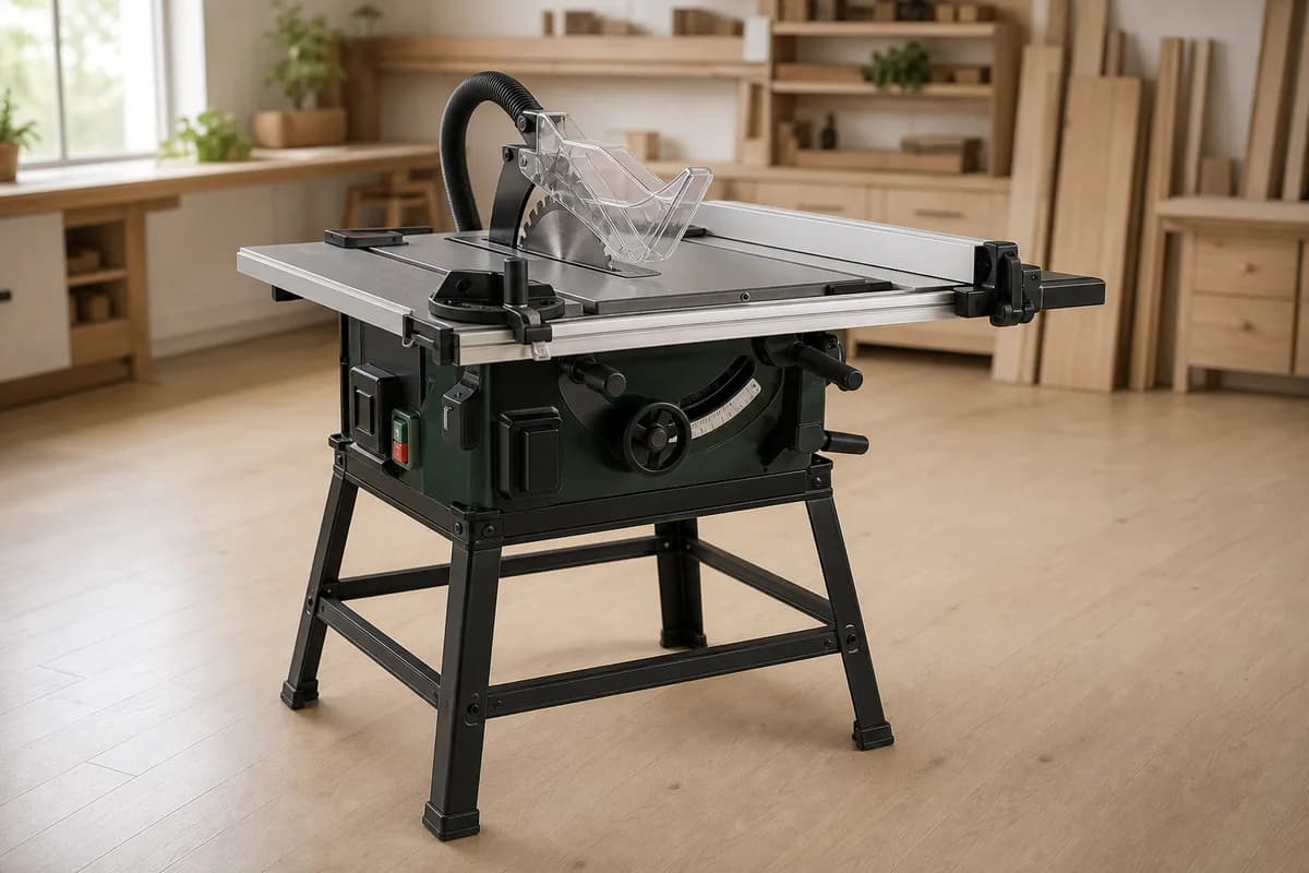 Compact table saw with rip fence and blade guard in a woodworking shop