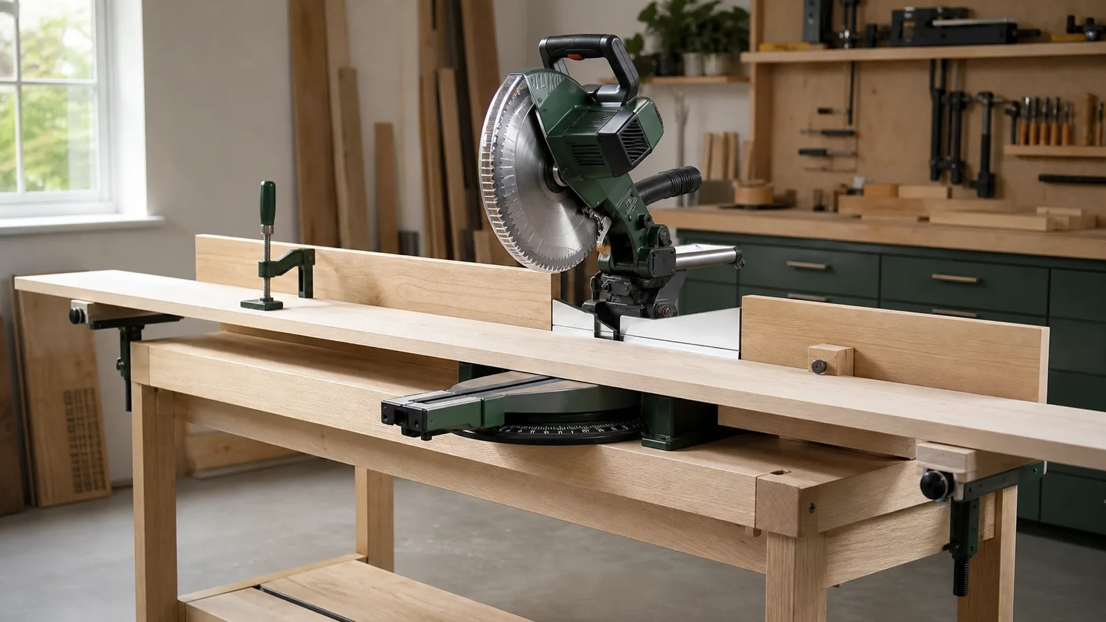 Miter saw station with long-board supports, fence, clamp, and stop block