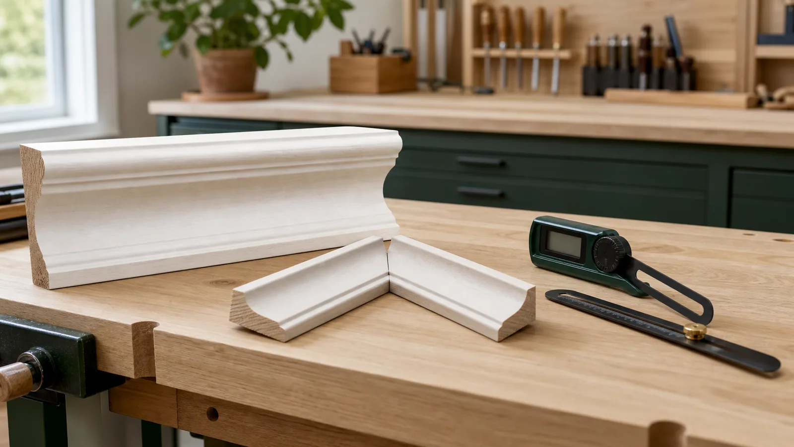 Crown molding corner samples beside an angle finder and bevel gauge