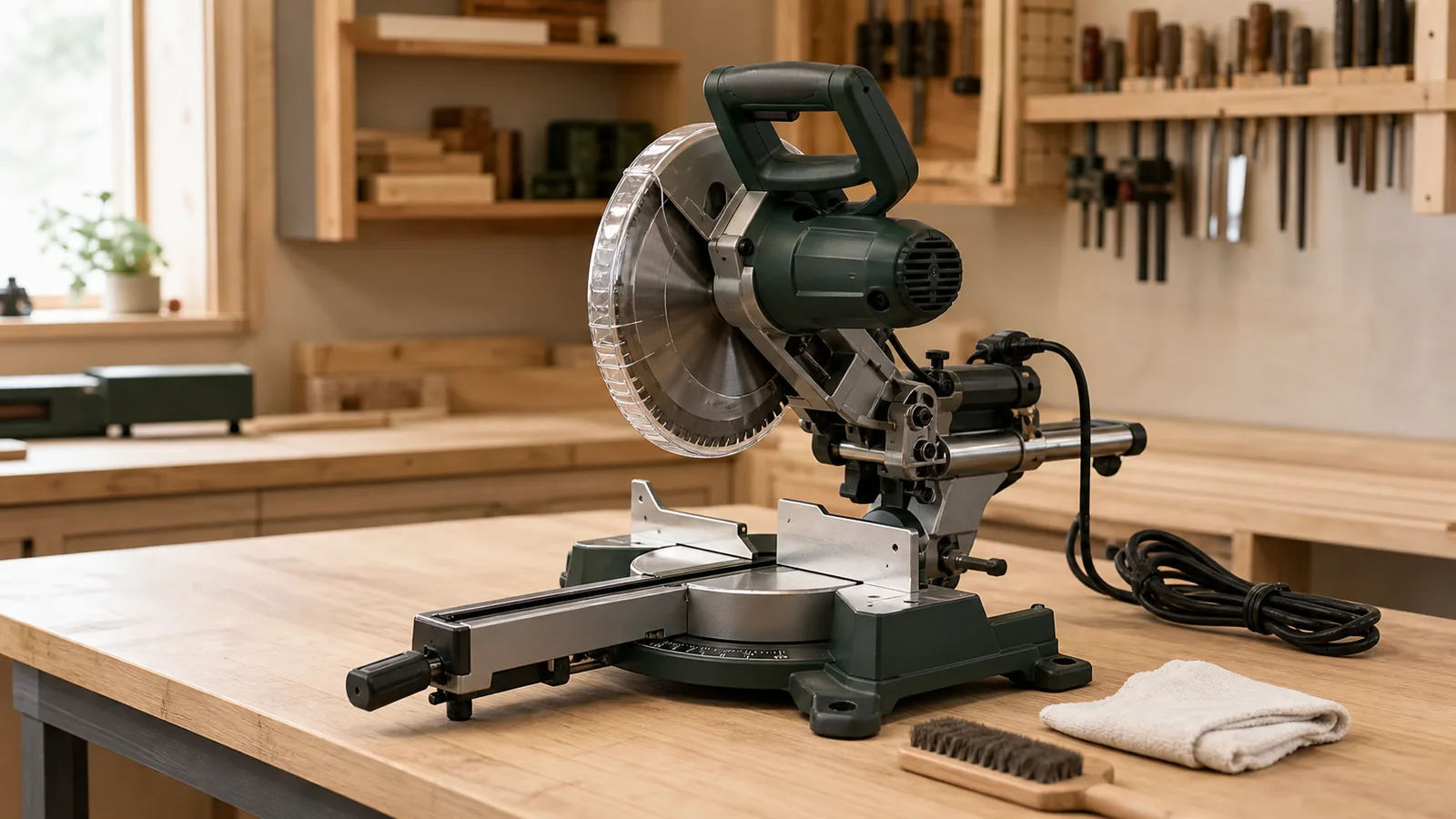 Switched-off miter saw prepared for external cleaning and inspection
