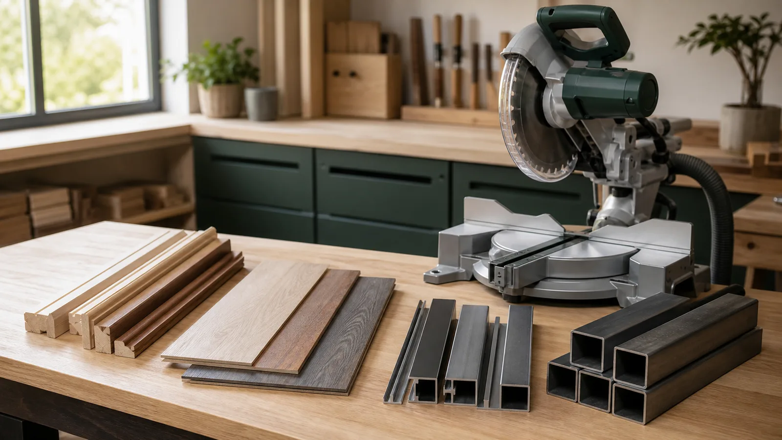 Wood trim, laminate planks, aluminum profiles, and steel tube separated beside a miter saw